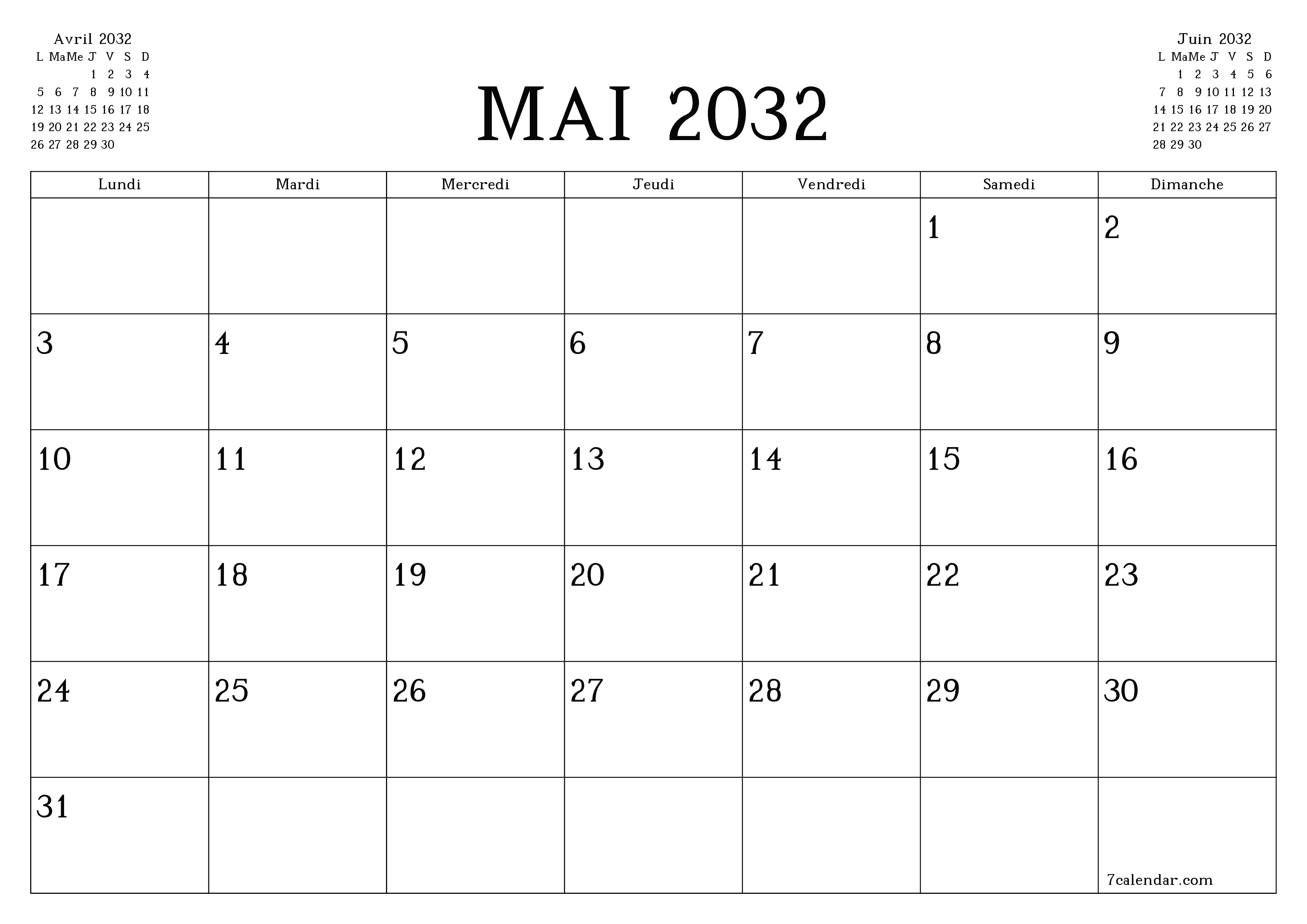 Agenda mensuel vide pour le mois Mai 2032 avec notes, enregistrez et imprimez au format PDF PNG French