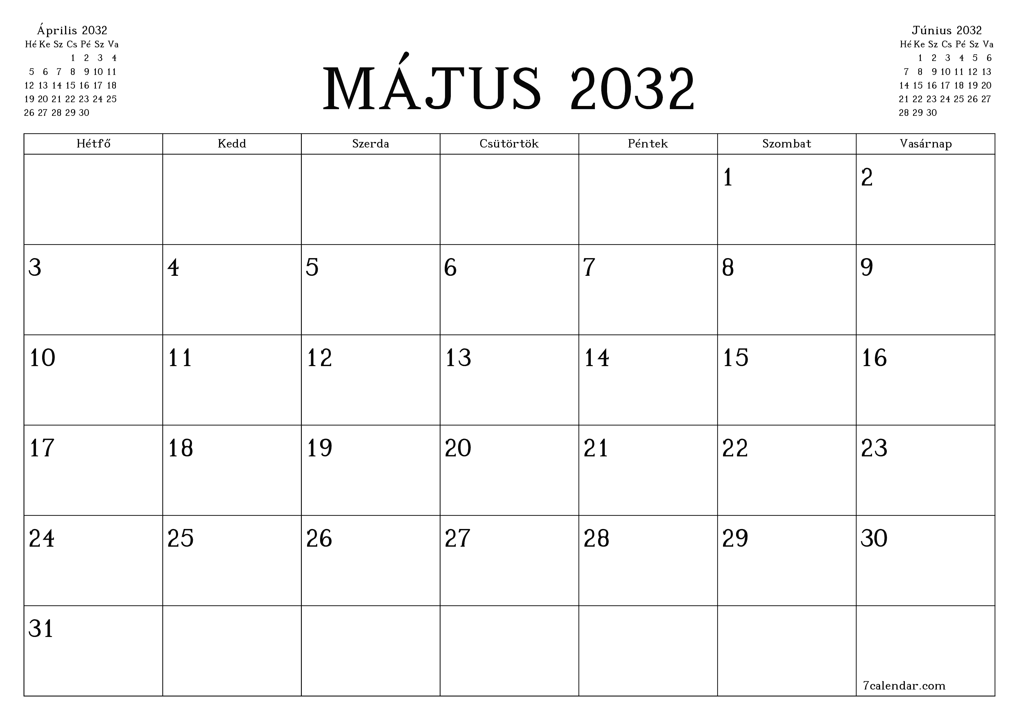 Üres havi tervező a Május 2032 hónapra jegyzetekkel, mentés és nyomtatás PDF-be PNG Hungarian