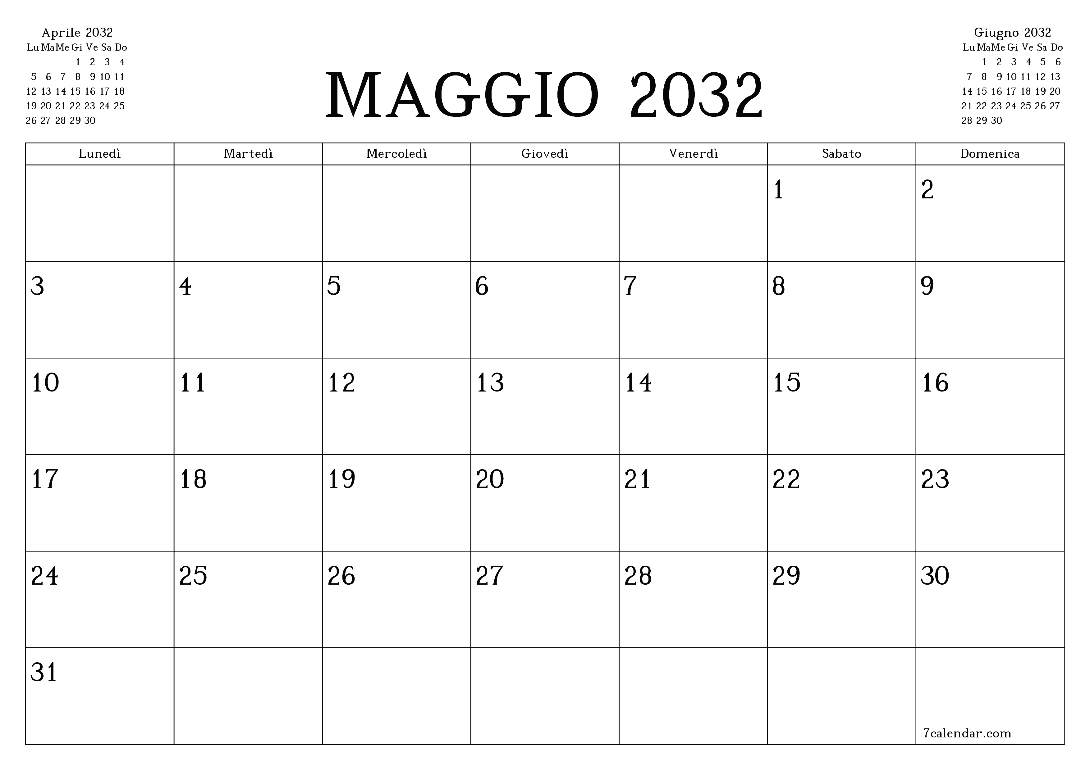 Pianificatore mensile vuoto per il mese Maggio 2032 con note, salva e stampa in PDF PNG Italian