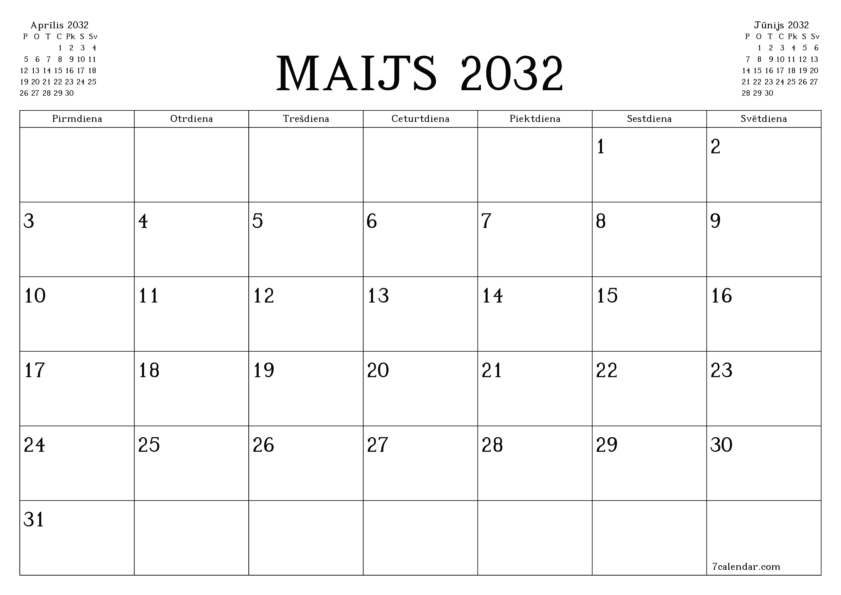 Iztukšot mēneša plānotāju mēnesim Maijs 2032 ar piezīmēm, saglabāt un izdrukāt PDF formātā PNG Latvian