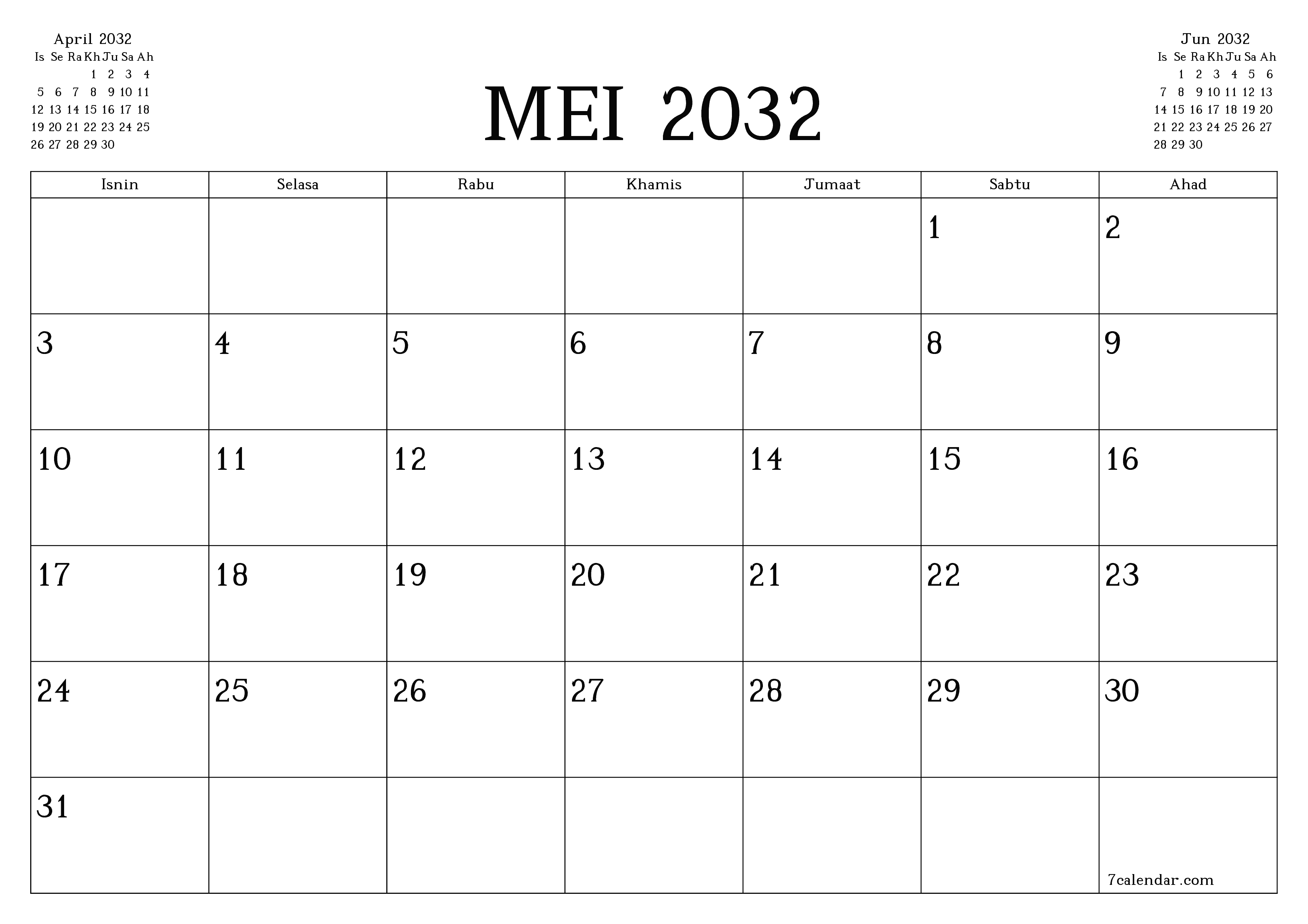 Perancang bulanan kosong untuk bulan Mei 2032 dengan nota, simpan dan cetak ke PDF PNG Malay