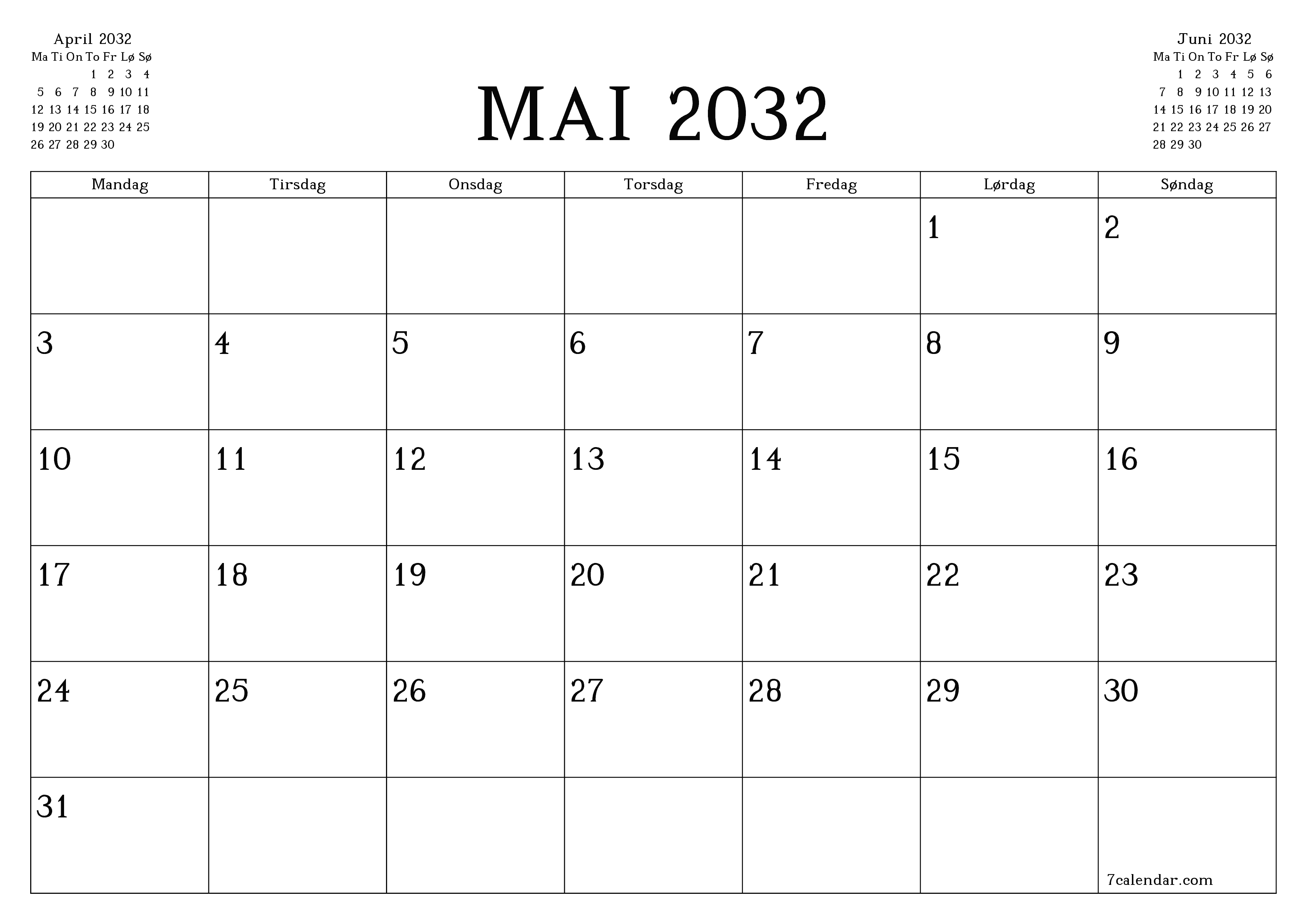 Tom månedlig planlegger for måned Mai 2032 med notater, lagre og skriv ut til PDF PNG Norwegian