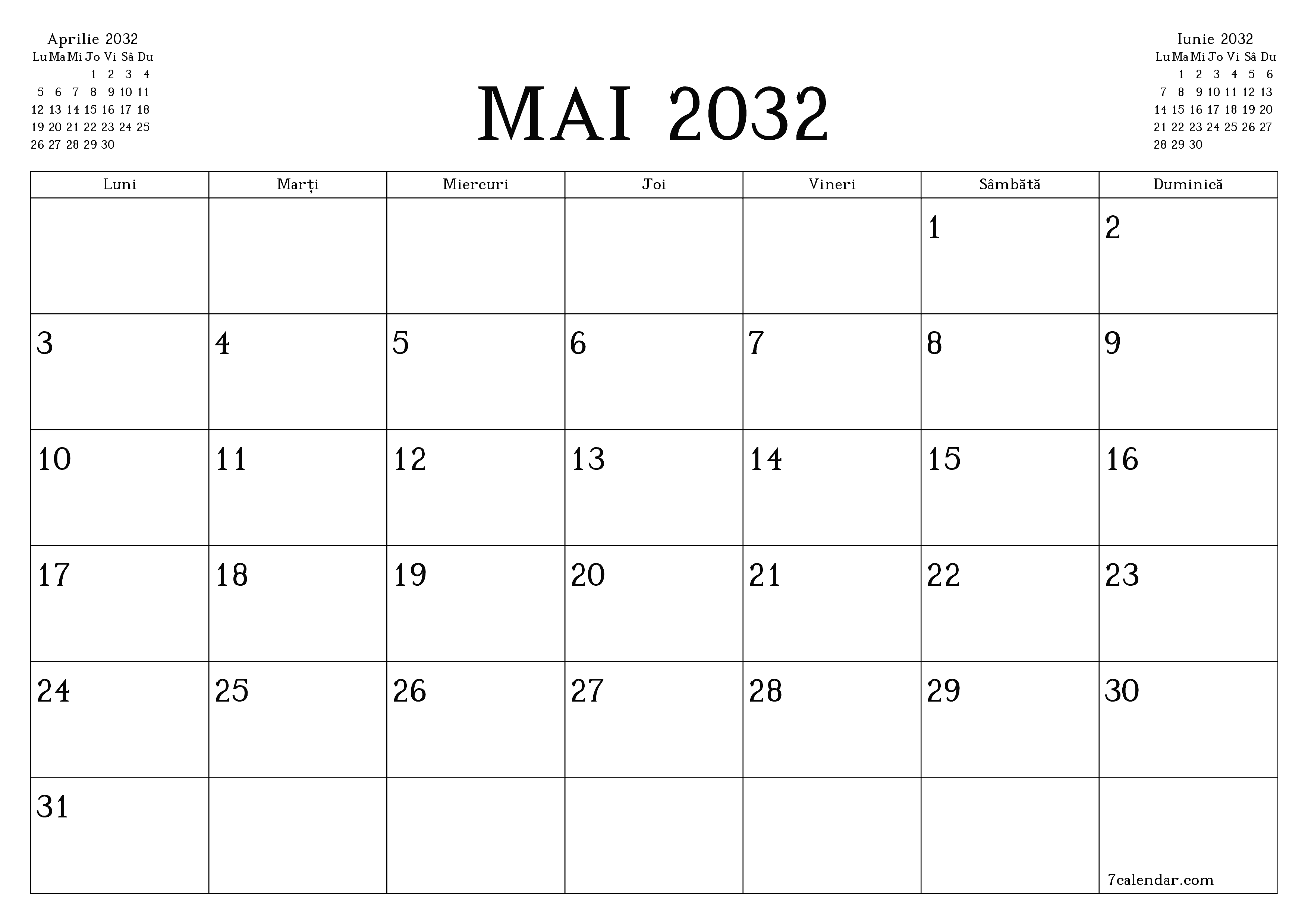 Planificator lunar gol pentru luna Mai 2032 cu note, salvați și tipăriți în PDF PNG Romanian