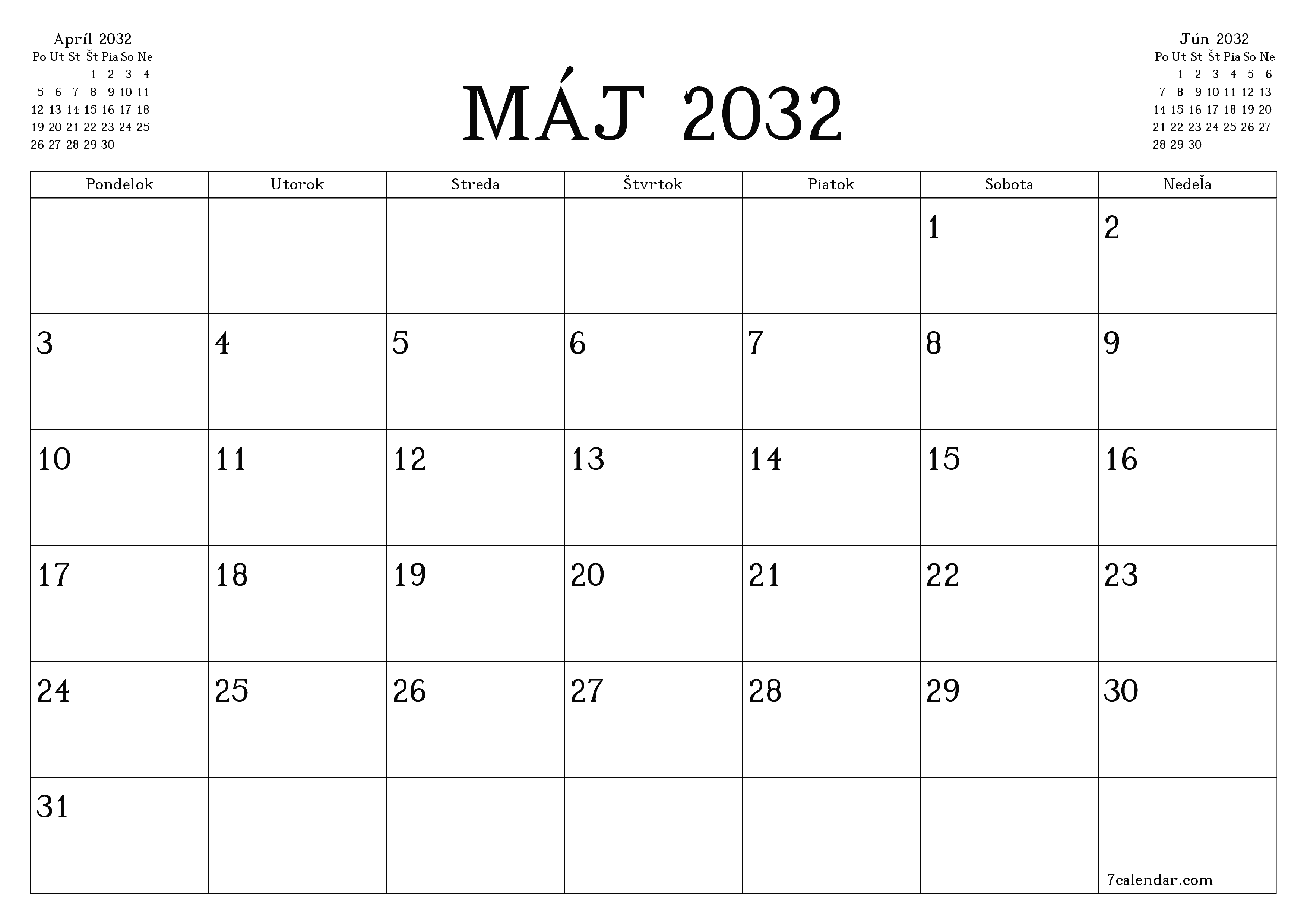 Prázdny mesačný plánovač na mesiac Máj 2032 s poznámkami, uloženie a tlač do PDF PNG Slovak