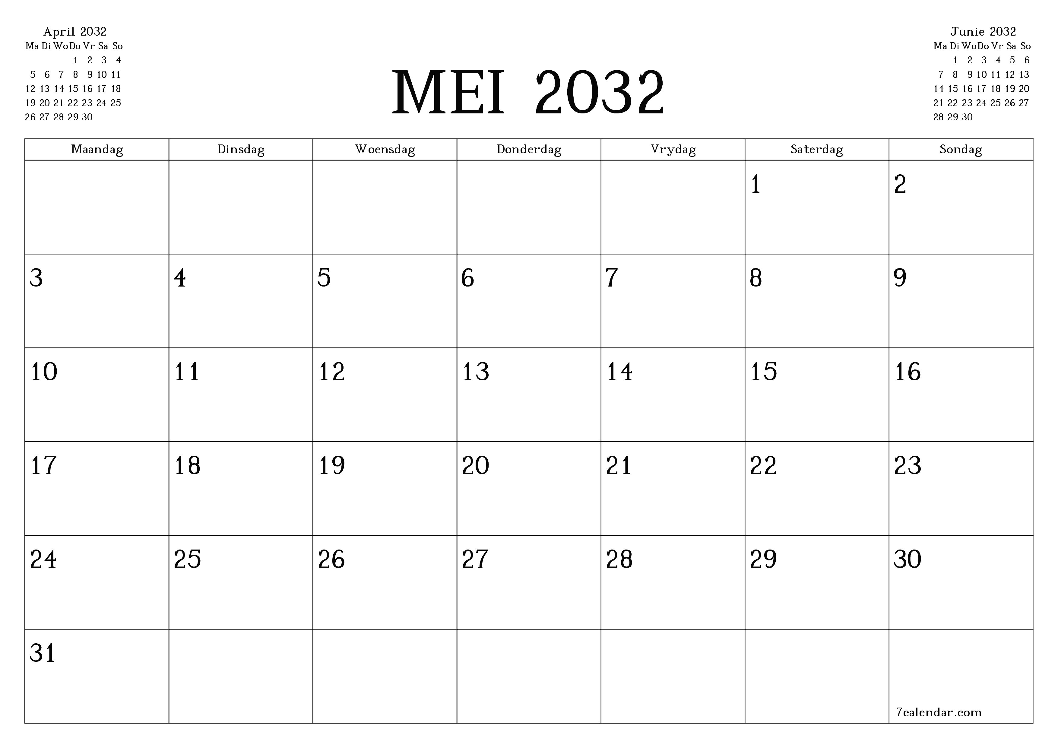 Leë maandelikse drukbare kalender en beplanner vir maand Mei 2032 met notas stoor en druk na PDF PNG Afrikaans