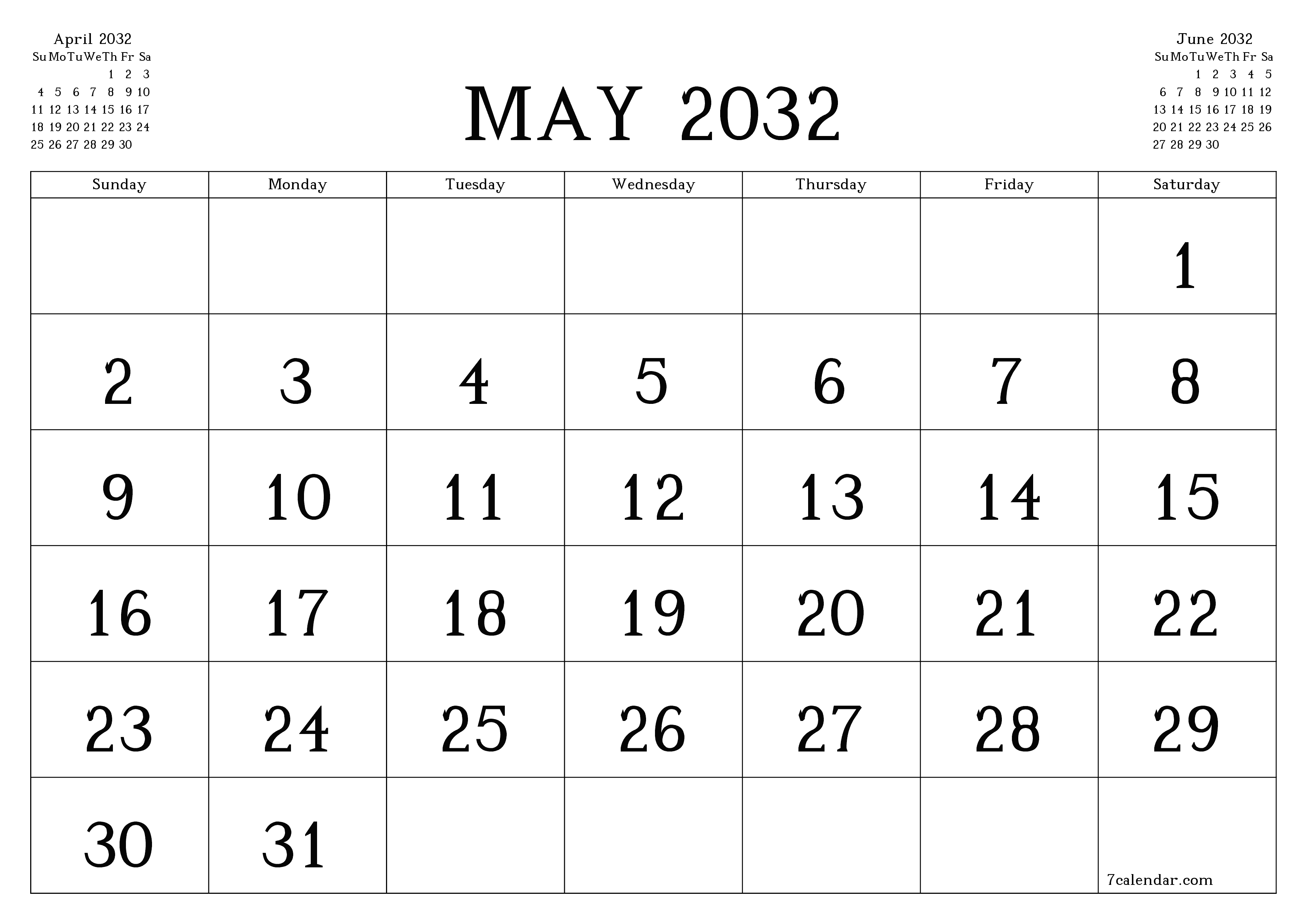Blank calendar May 2032