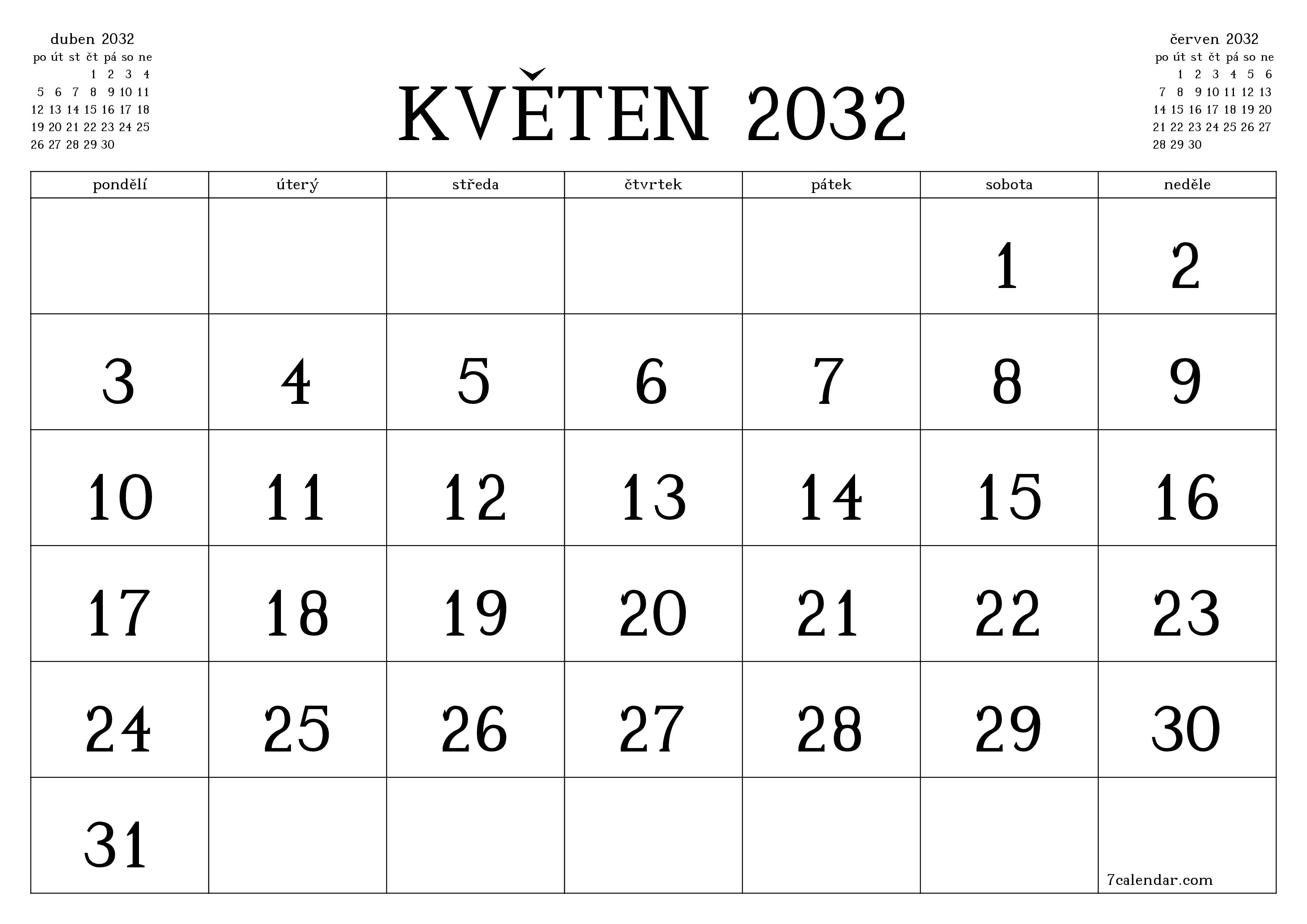 Vyprázdnit měsíční plánovač na měsíc květen 2032 s poznámkami, uložit a vytisknout do PDF PNG Czech