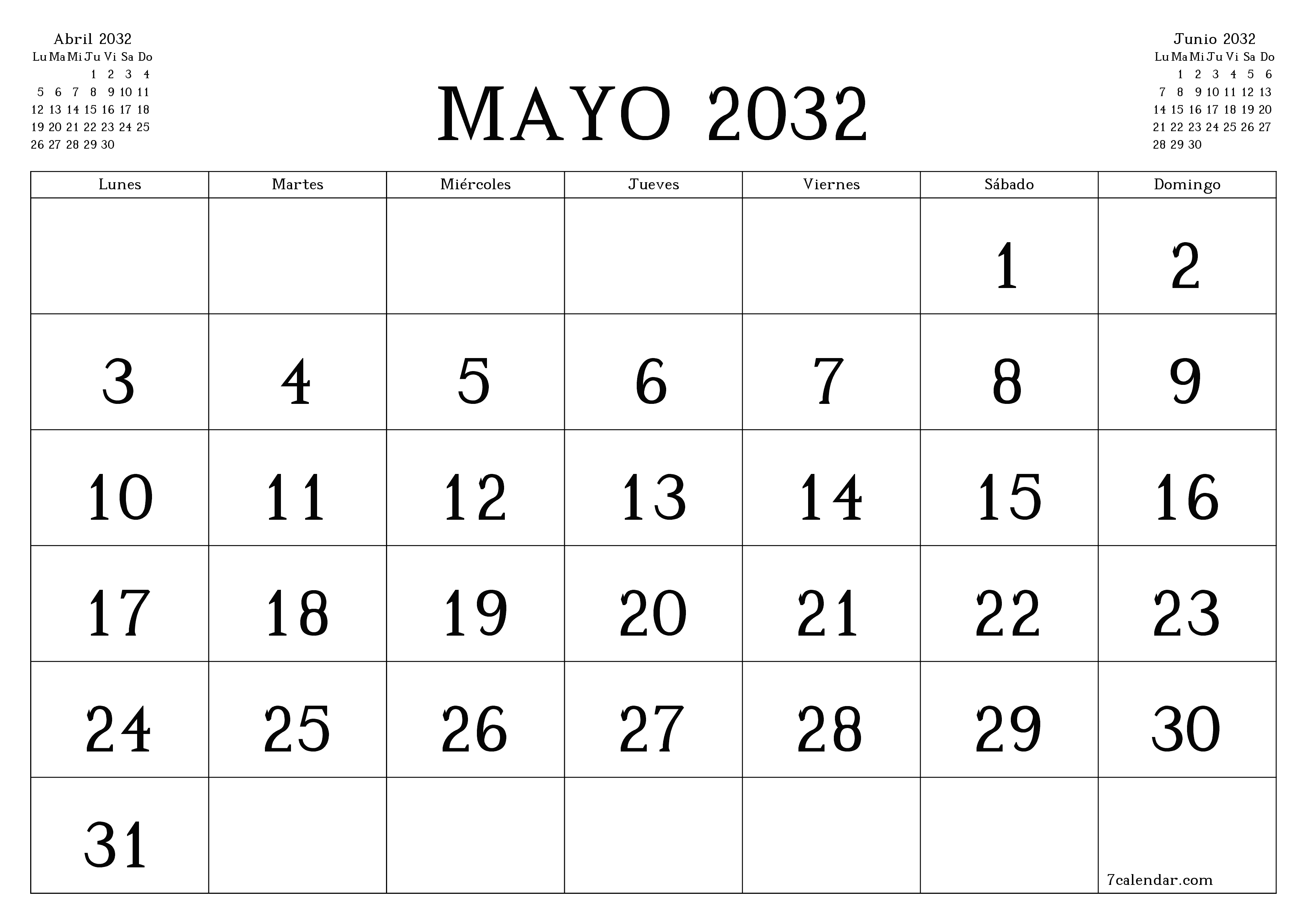 Planificador mensual vacío para el mes Mayo 2032 con notas, guardar e imprimir en PDF PNG Spanish