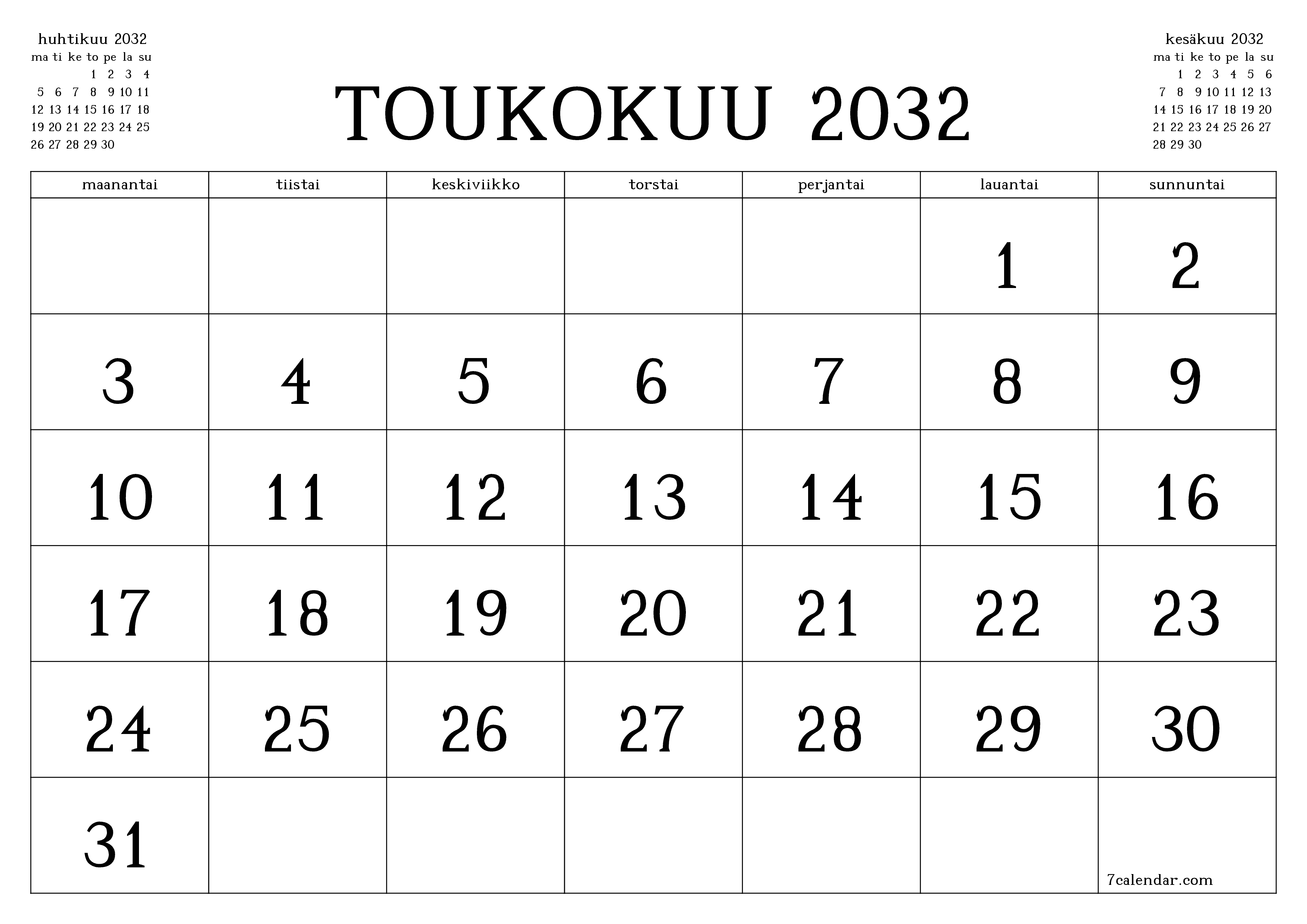 Tyhjennä kuukausittainen suunnittelija kuukaudelle Toukokuu 2032 muistiinpanoilla, tallenna ja tulosta PDF-muotoon PNG Finnish