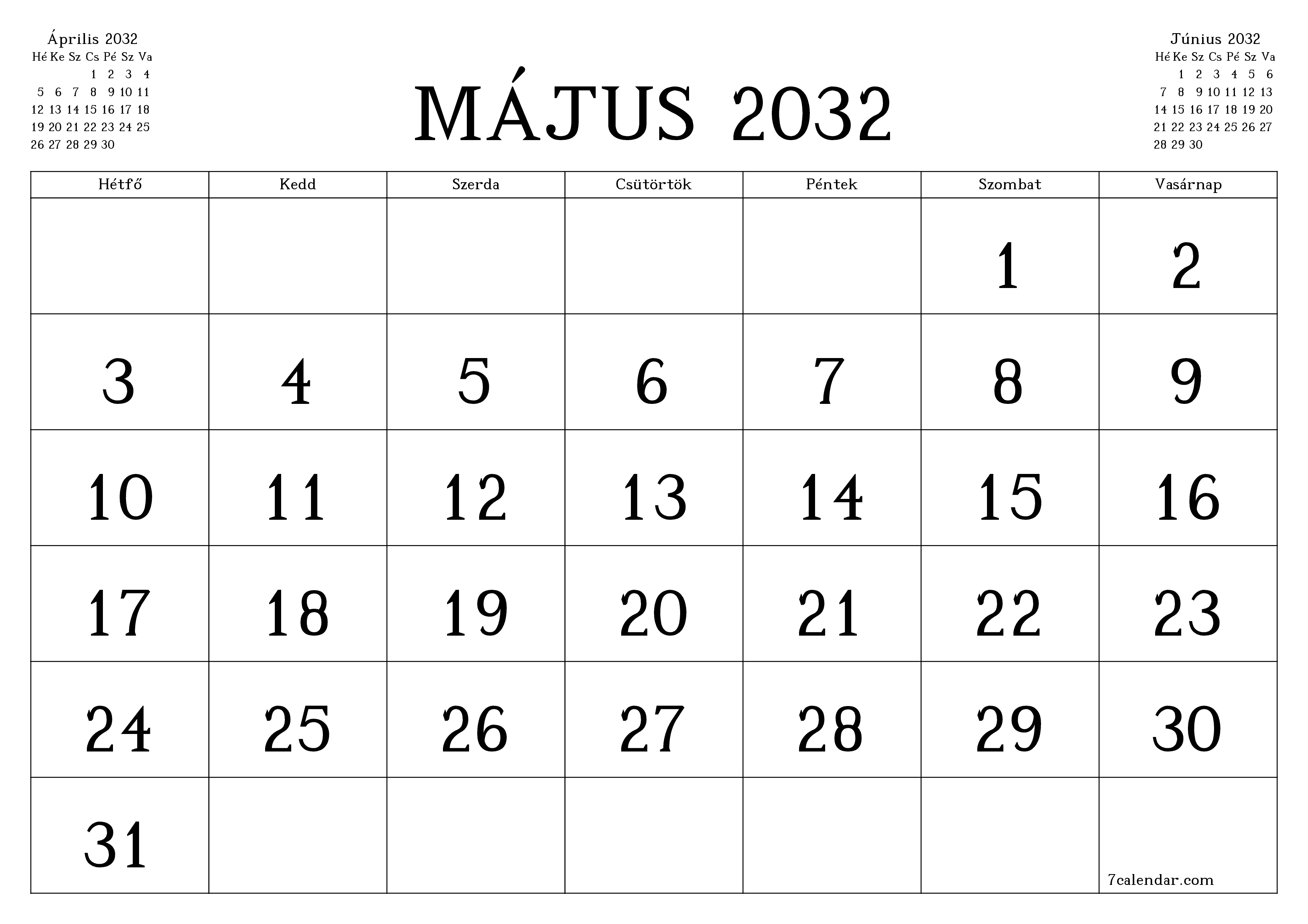 Üres havi tervező a Május 2032 hónapra jegyzetekkel, mentés és nyomtatás PDF-be PNG Hungarian