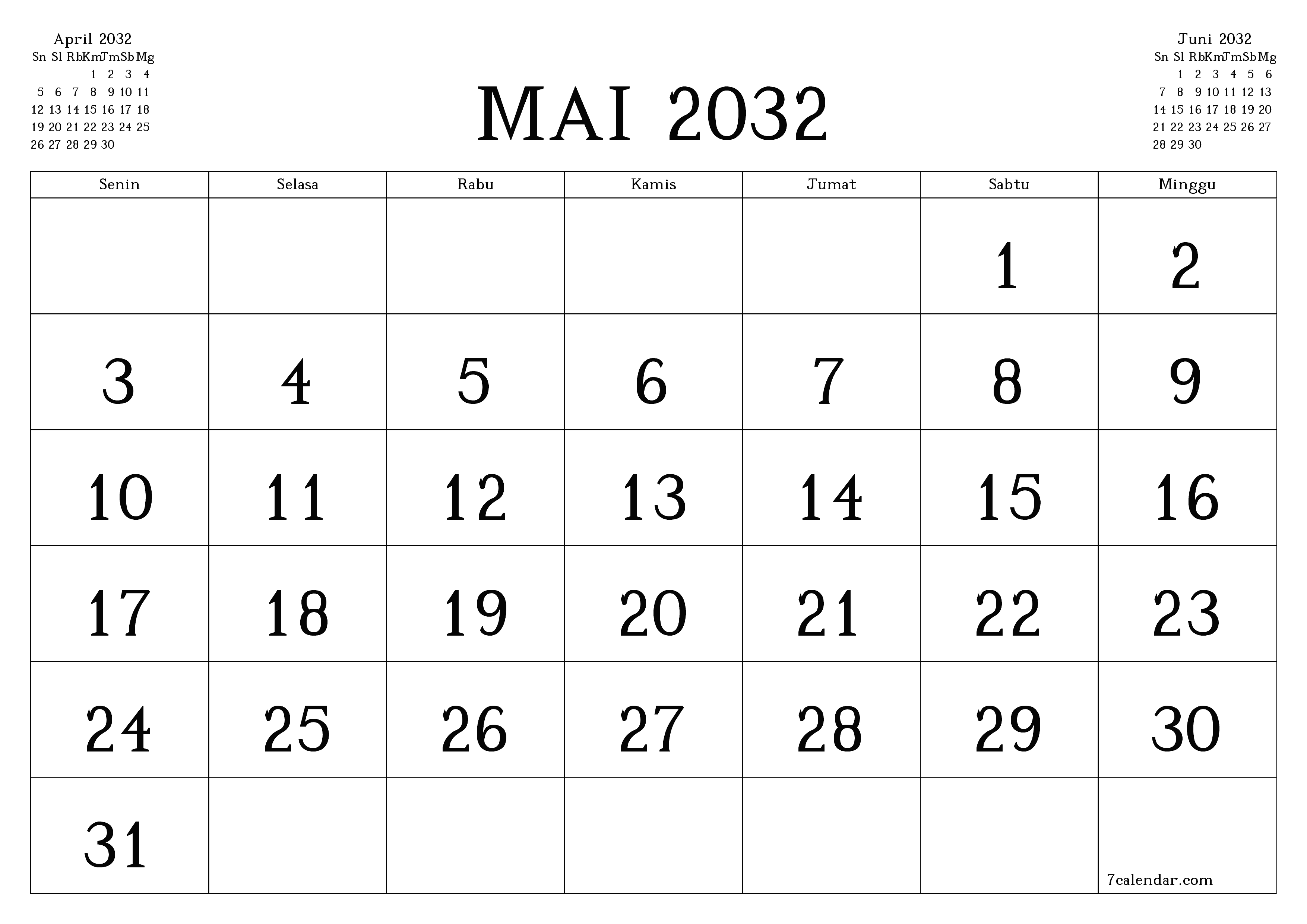 Kosongkan agenda bulanan untuk bulan Mai 2032 dengan catatan, simpan dan cetak ke PDF PNG Indonesian