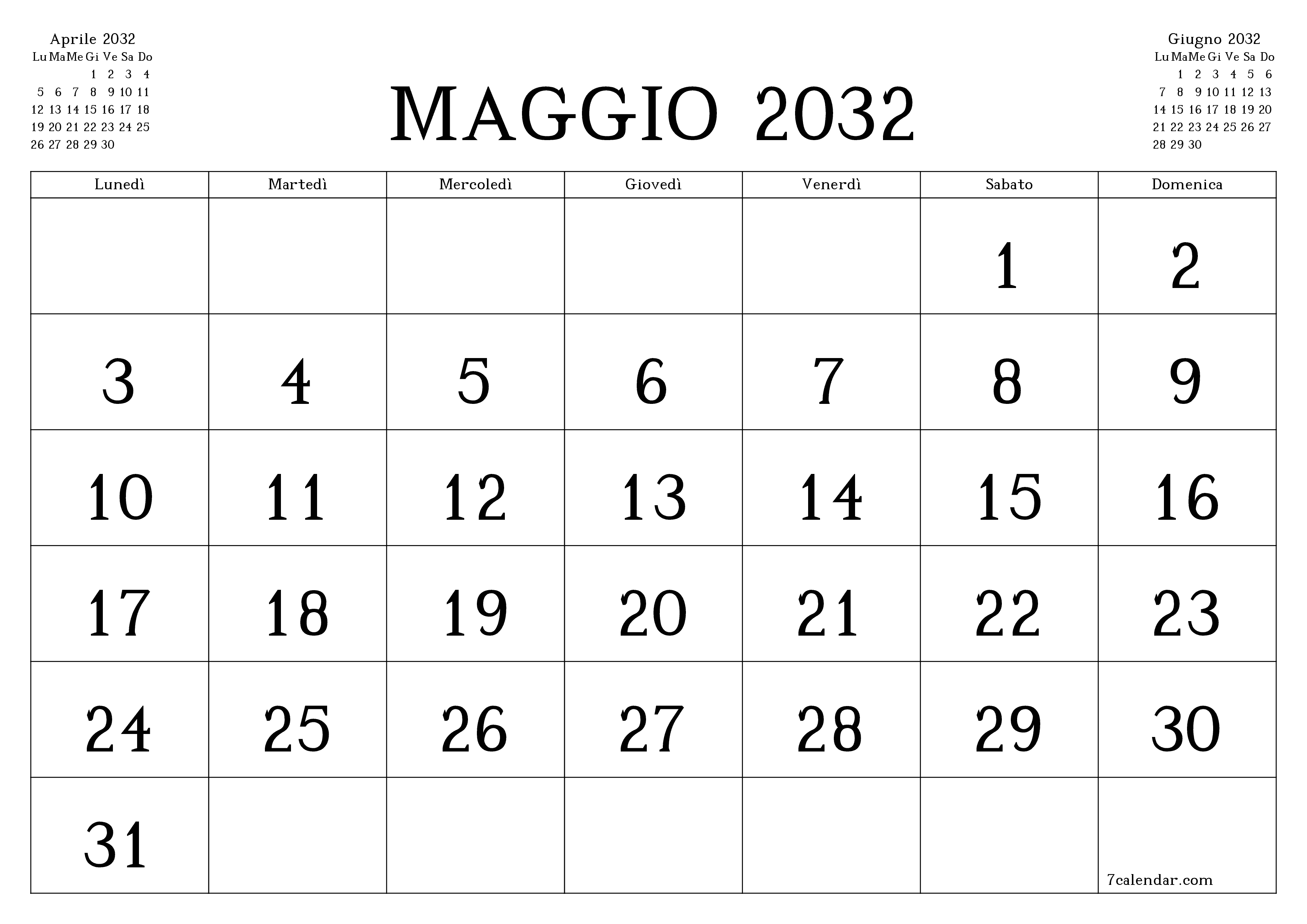 Pianificatore mensile vuoto per il mese Maggio 2032 con note, salva e stampa in PDF PNG Italian