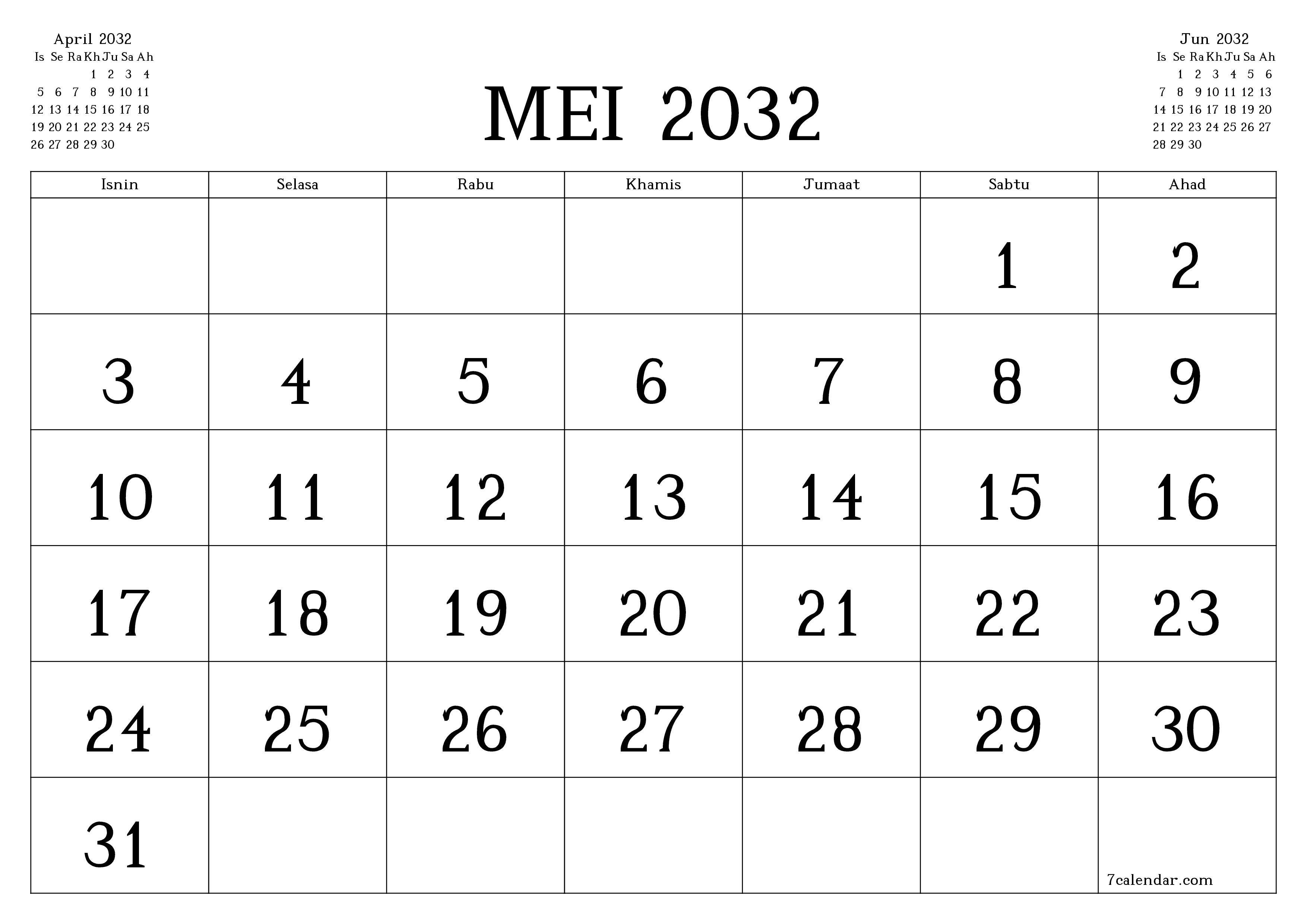 Perancang bulanan kosong untuk bulan Mei 2032 dengan nota, simpan dan cetak ke PDF PNG Malay