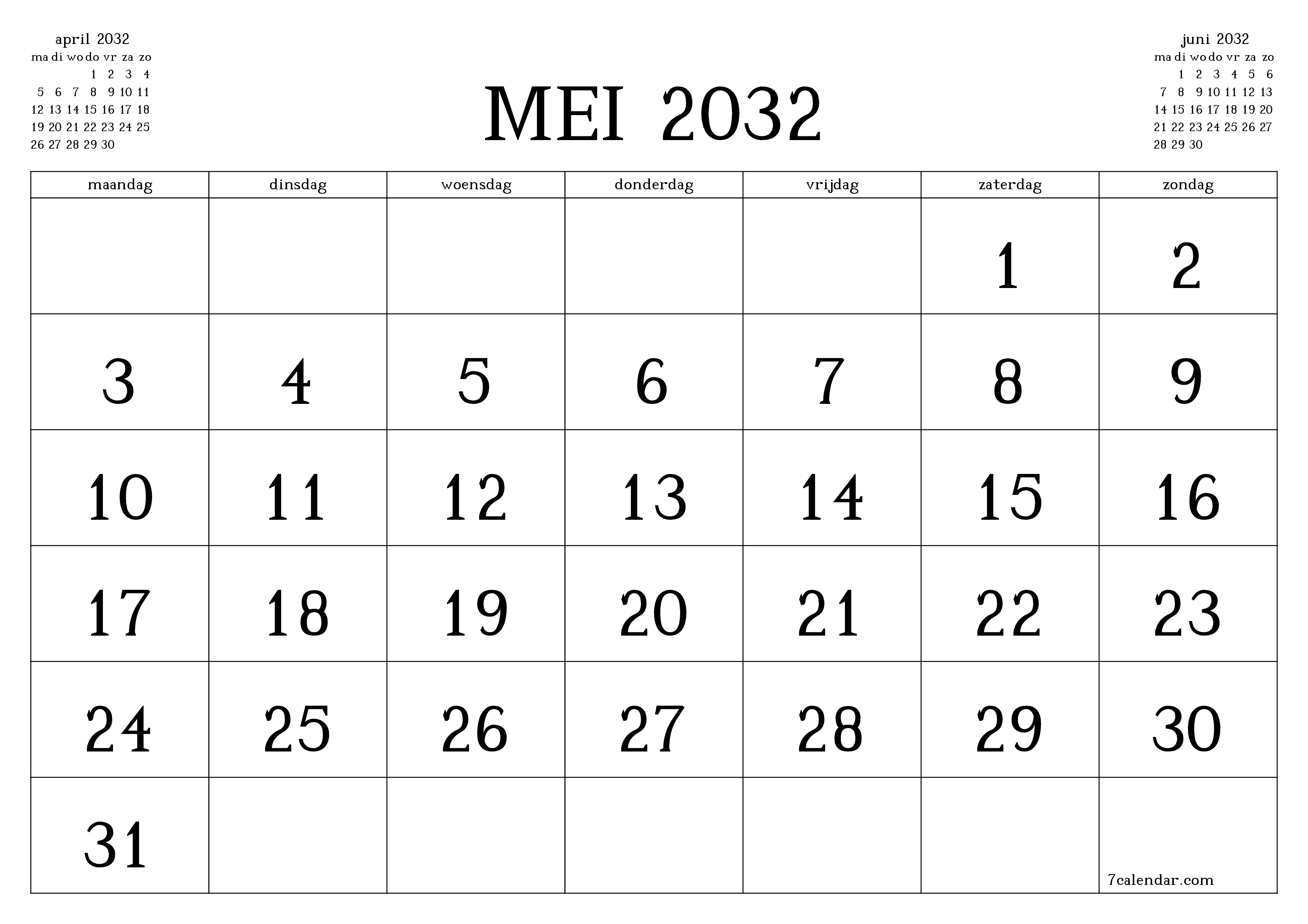 Lege maandplanner voor maand mei 2032 met notities, opslaan en afdrukken naar pdf PNG Dutch