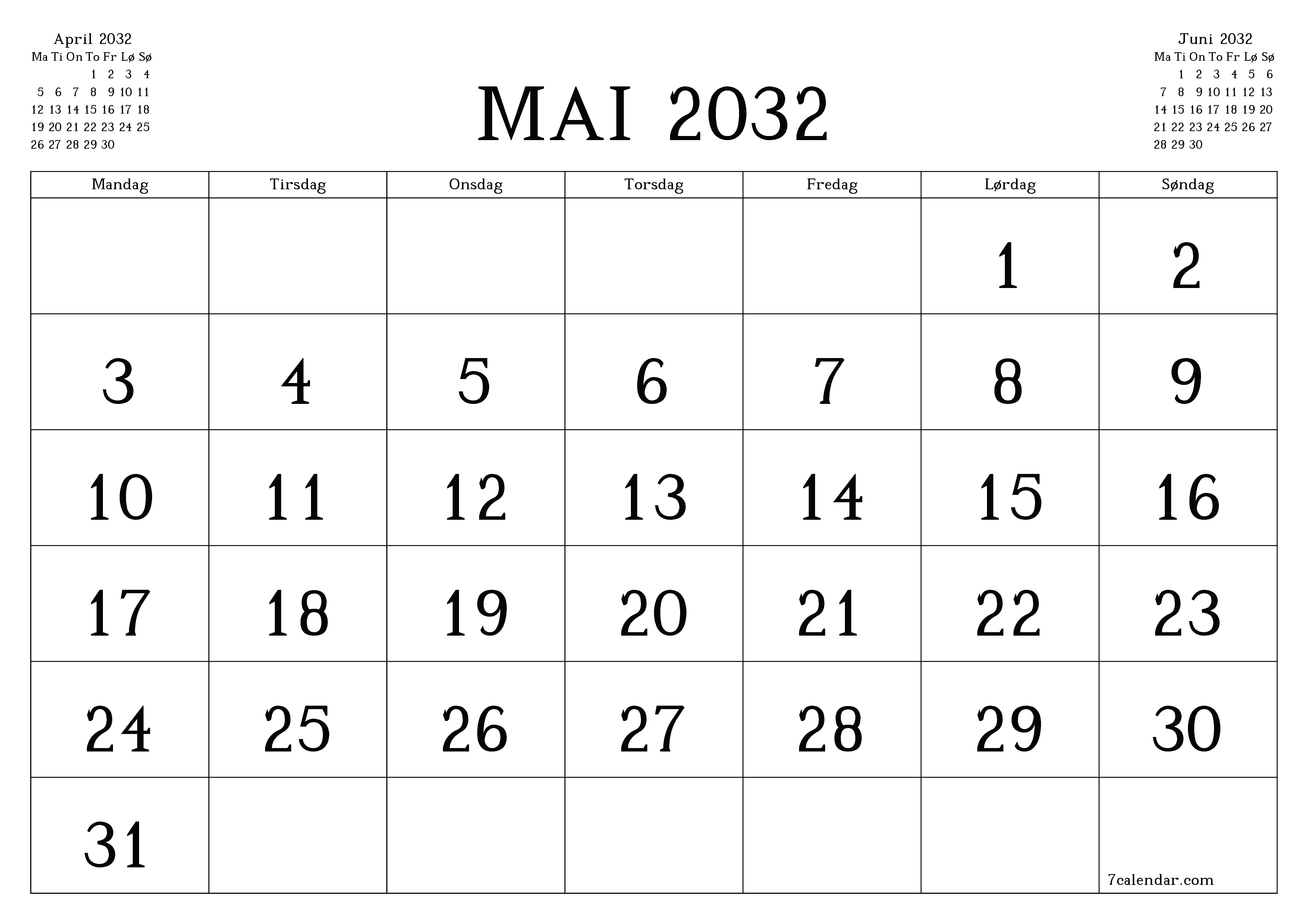 Tom månedlig planlegger for måned Mai 2032 med notater, lagre og skriv ut til PDF PNG Norwegian