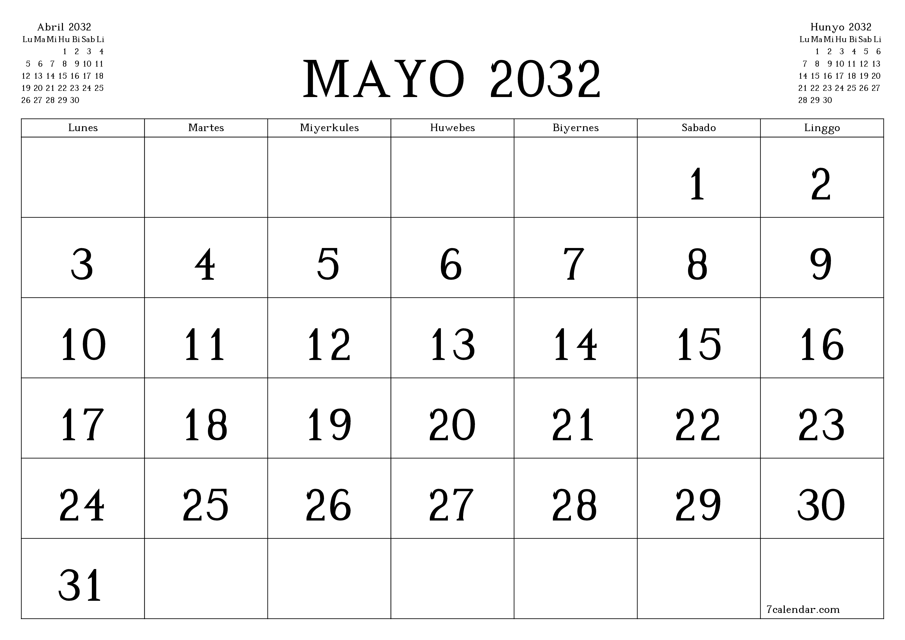 Walang laman na buwanang tagaplano para sa buwan na Mayo 2032 na may mga tala, i-save at i-print sa PDF PNG Filipino