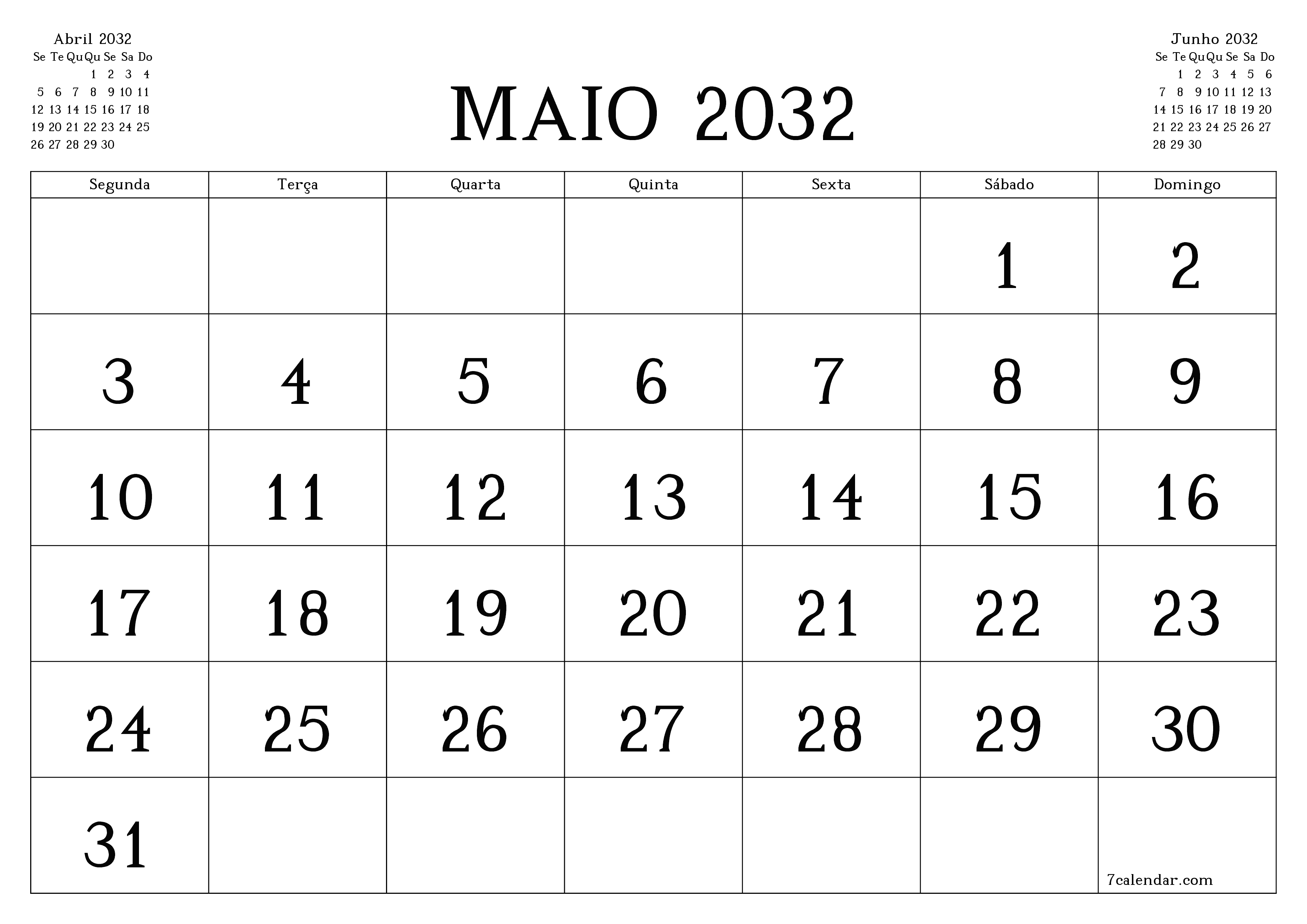 Esvazie o planejador mensal para o mês Maio 2032 com notas, salve e imprima em PDF PNG Portuguese
