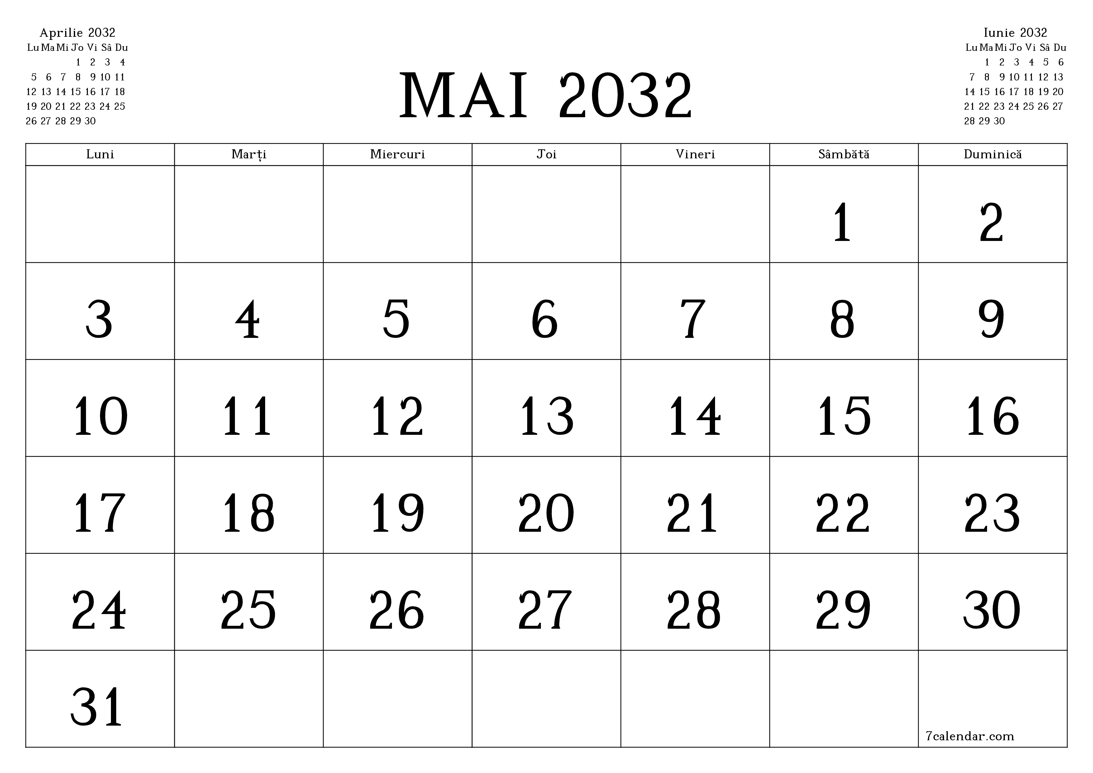 Planificator lunar gol pentru luna Mai 2032 cu note, salvați și tipăriți în PDF PNG Romanian