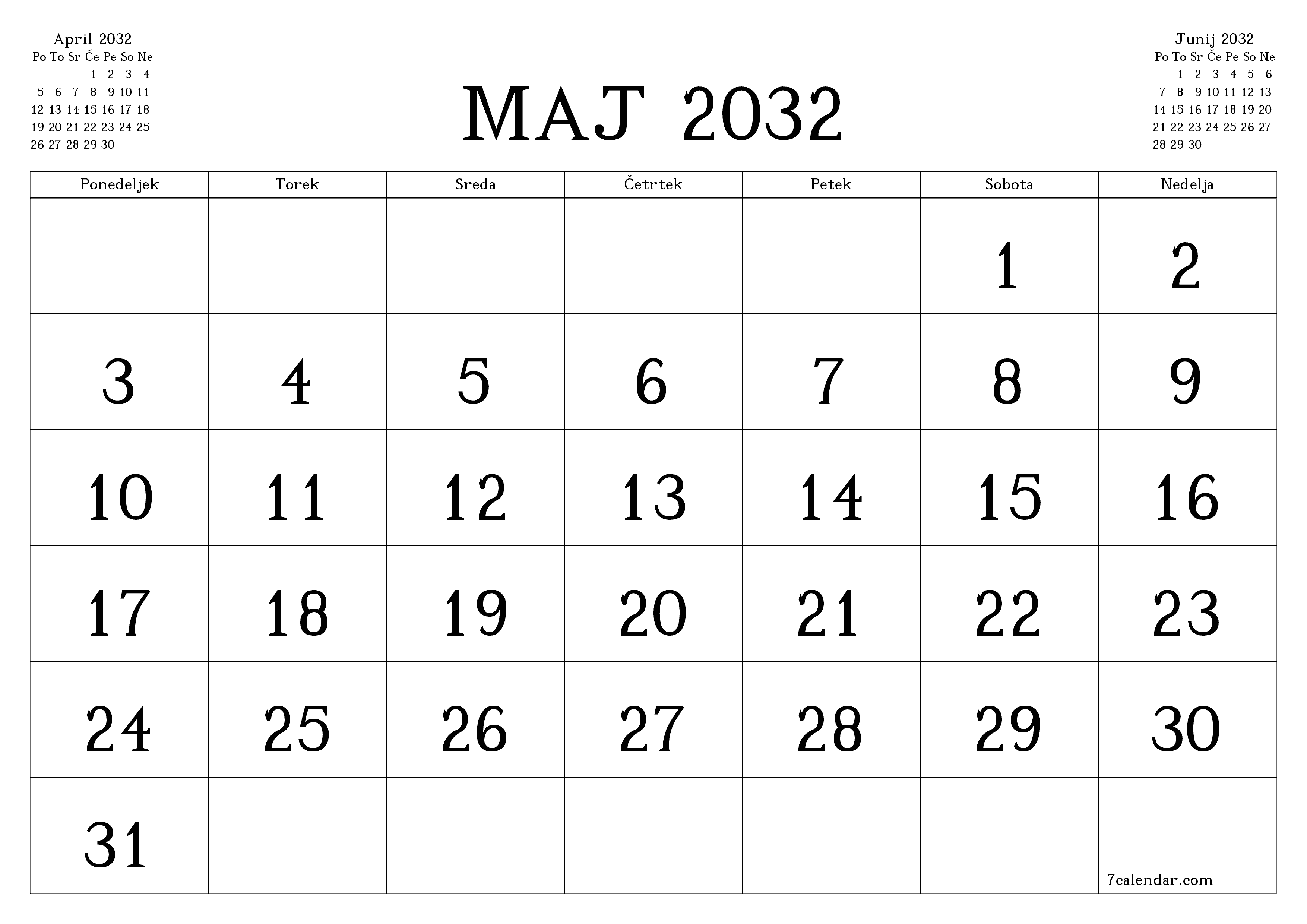 Prazen mesečni načrtovalec koledarja za mesec Maj 2032 z opombami, natisnjenimi v PDF PNG Slovenian