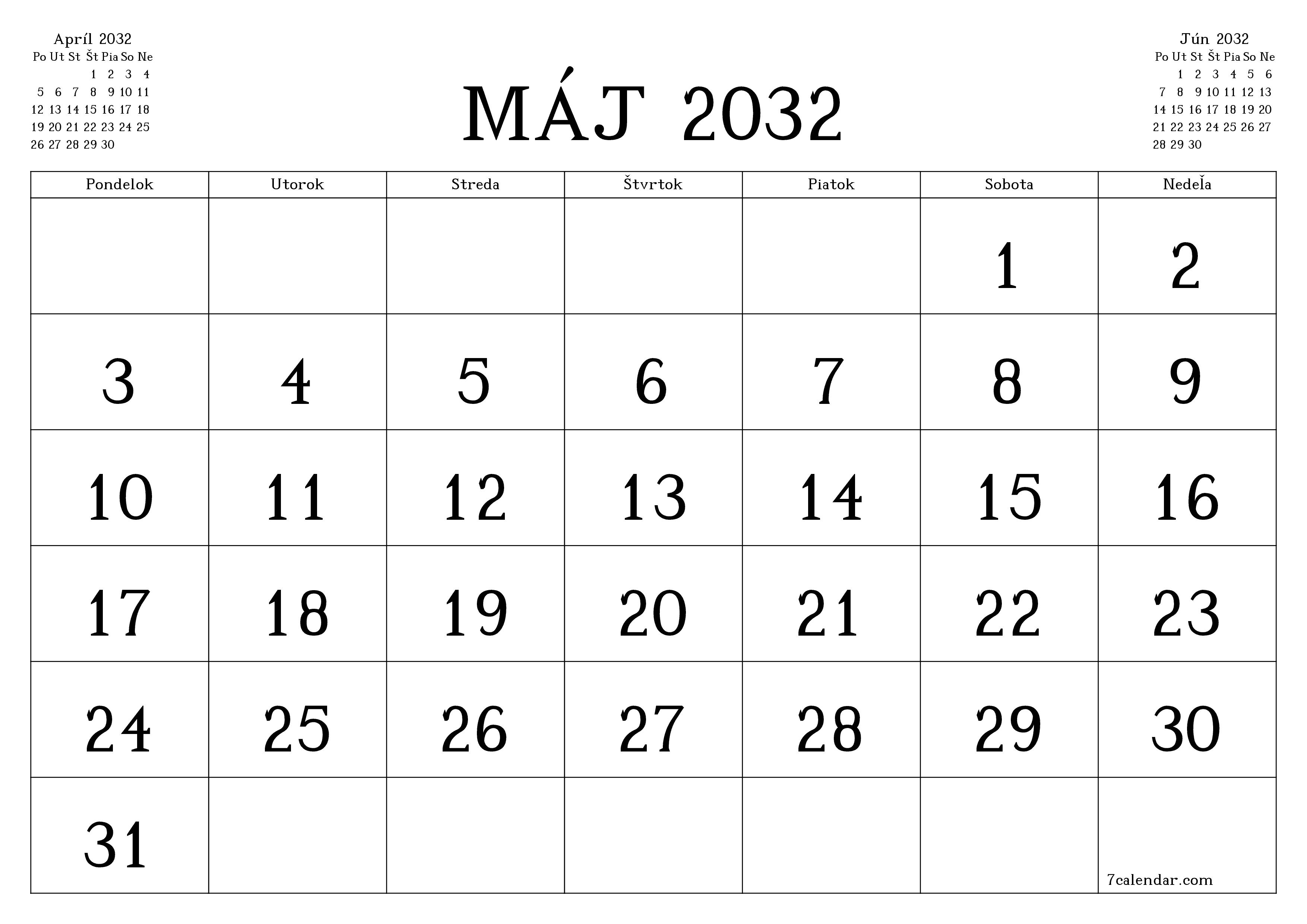 Prázdny mesačný plánovač na mesiac Máj 2032 s poznámkami, uloženie a tlač do PDF PNG Slovak