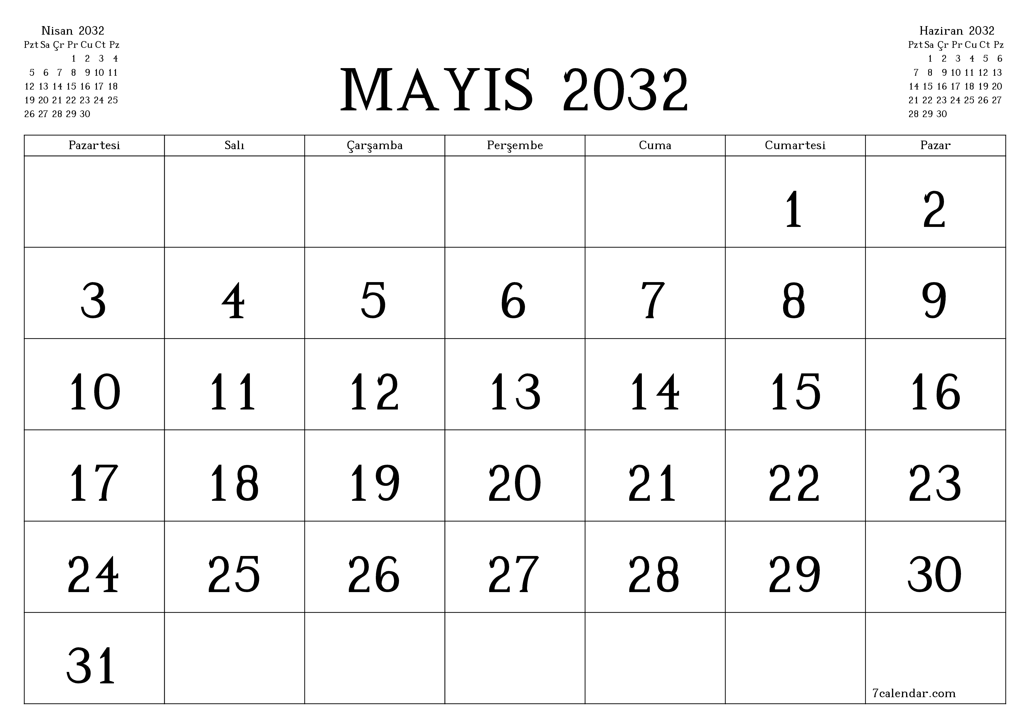 Mayıs 2032 ayı için notlarla birlikte boş aylık planlayıcı, kaydedin ve PDF'ye yazdırın PNG Turkish