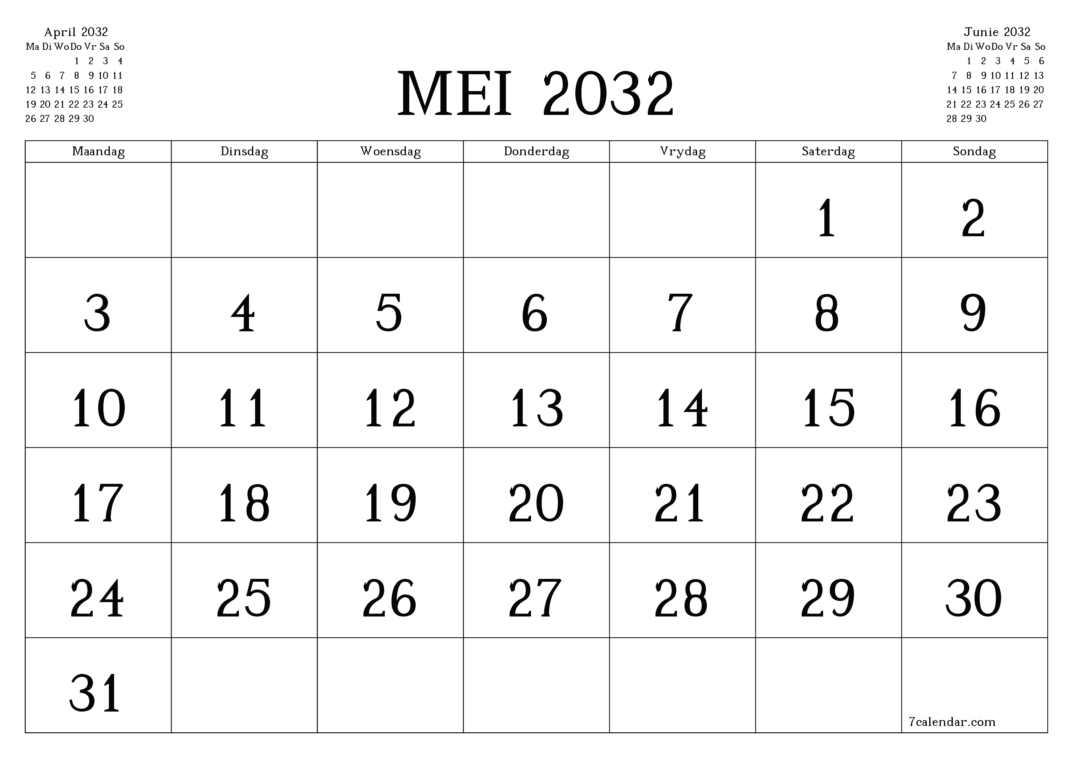 Leë maandelikse drukbare kalender en beplanner vir maand Mei 2032 met notas stoor en druk na PDF PNG Afrikaans