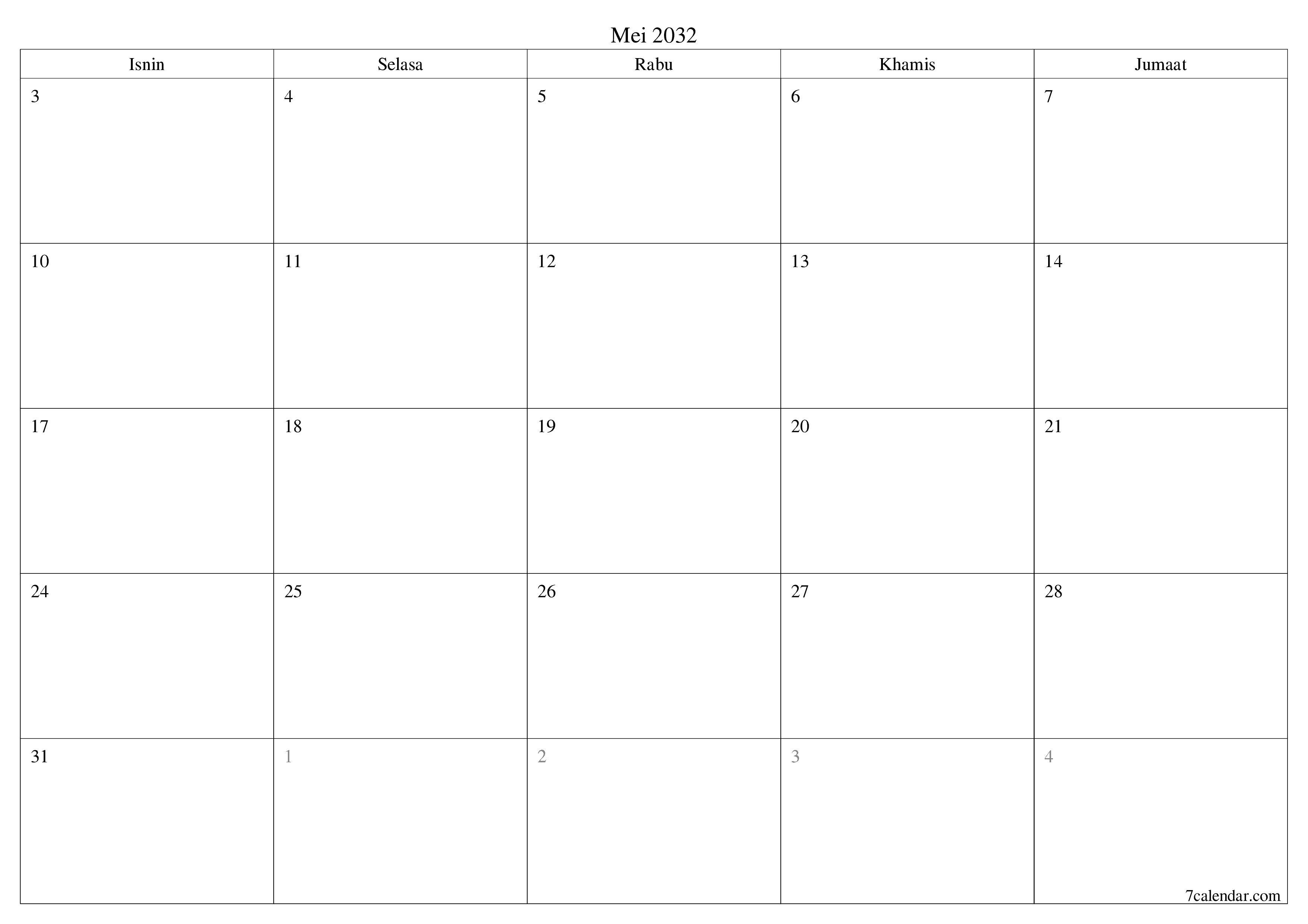  boleh cetak dinding templat percumamendatar Bulanan perancang kalendar Mei (Mei) 2032