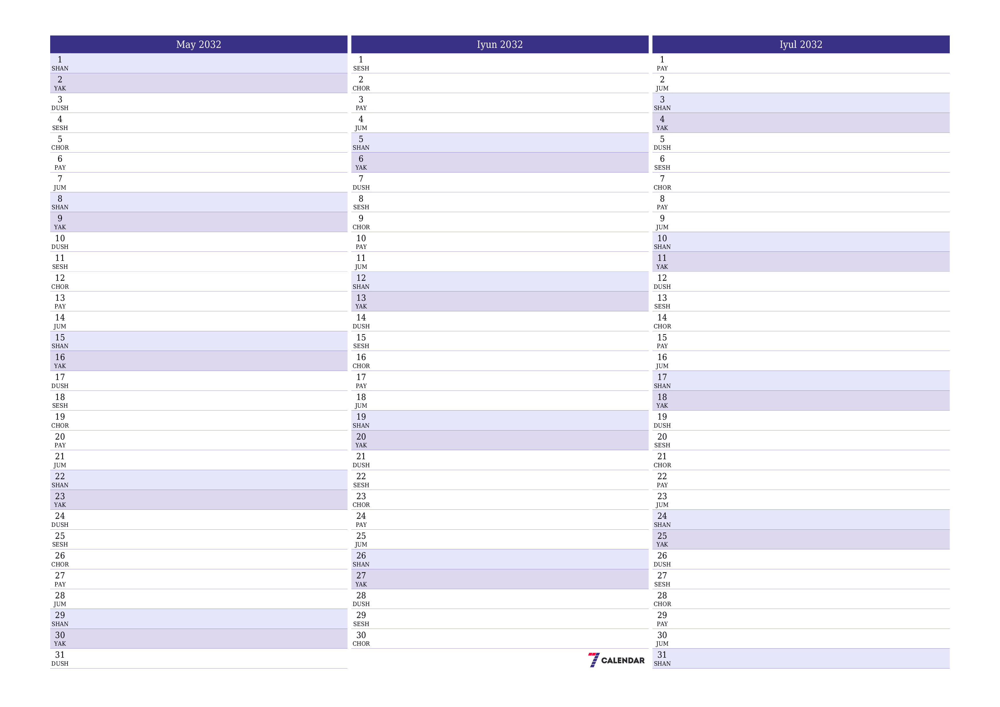 May 2032 oylik oylik rejalashtiruvchini yozuvlar bilan bo'shatish, saqlash va PDF-ga chop etish PNG Uzbek