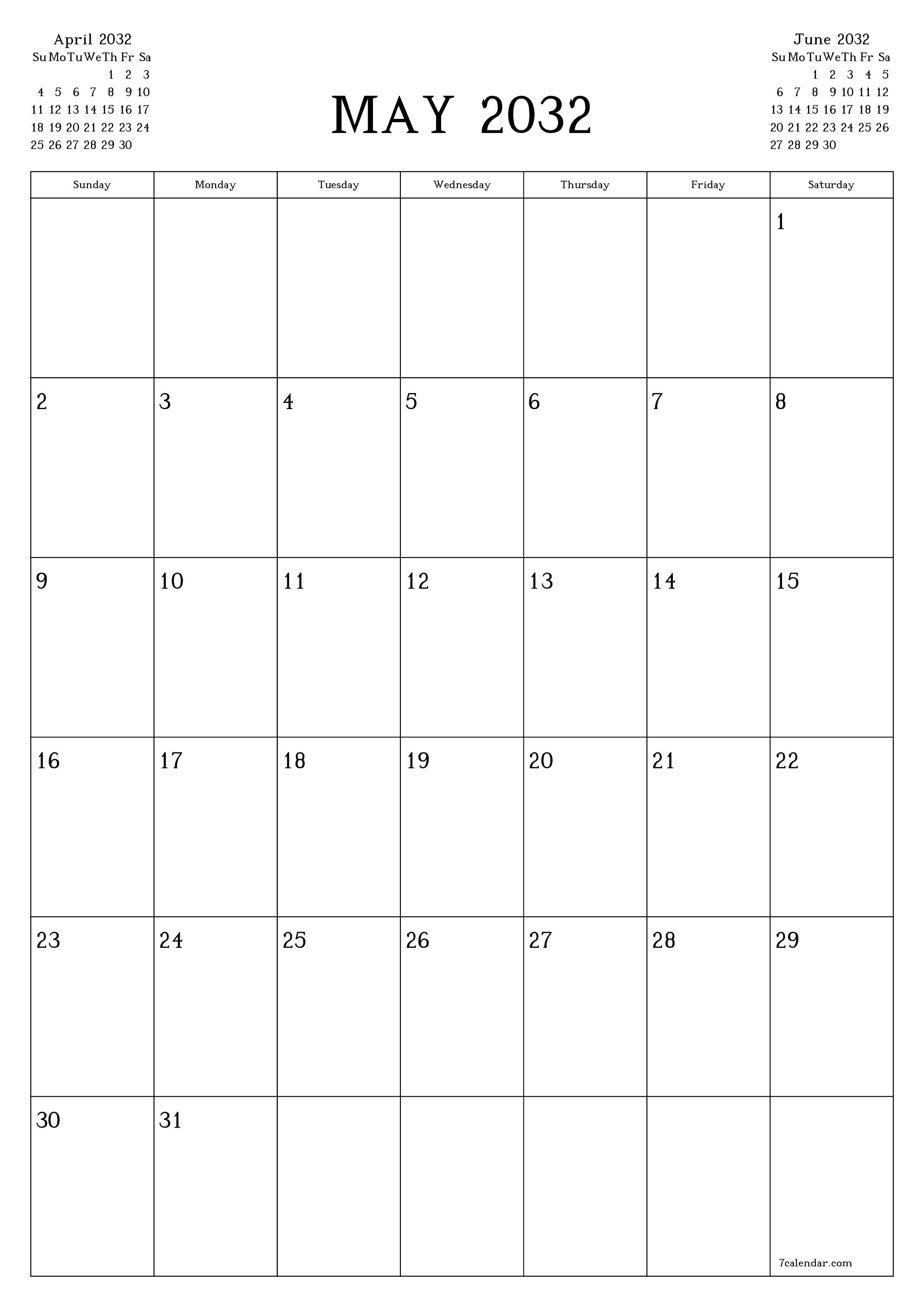 Blank calendar May 2032