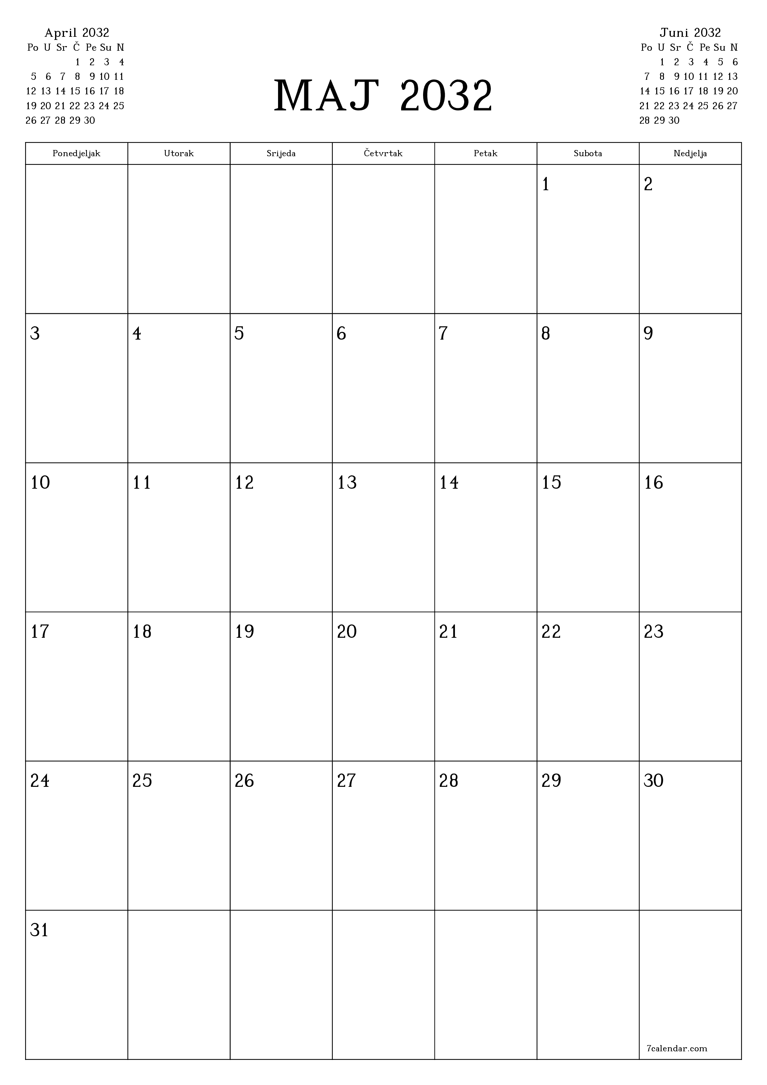  za štampanje zidni šablon a besplatni vertikalno Mjesečno planer kalendar Maj (Maj) 2032