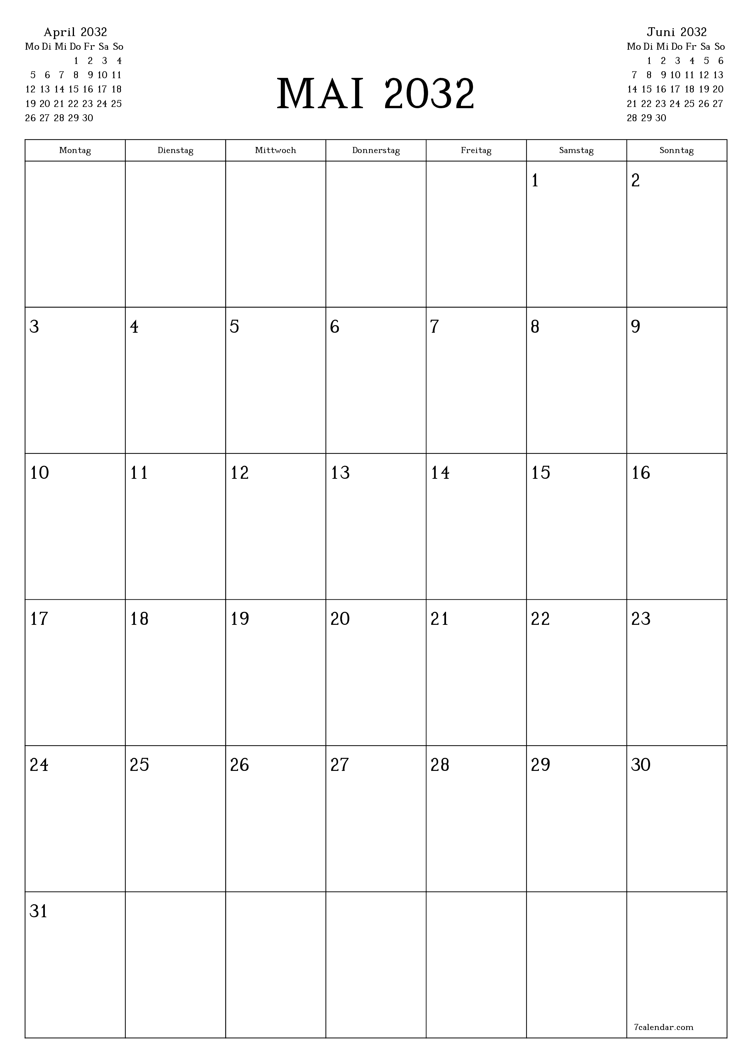 zum Ausdrucken Wandkalender vorlage kostenloser vertikal Monatlich Planer Kalender Mai (Mai) 2032