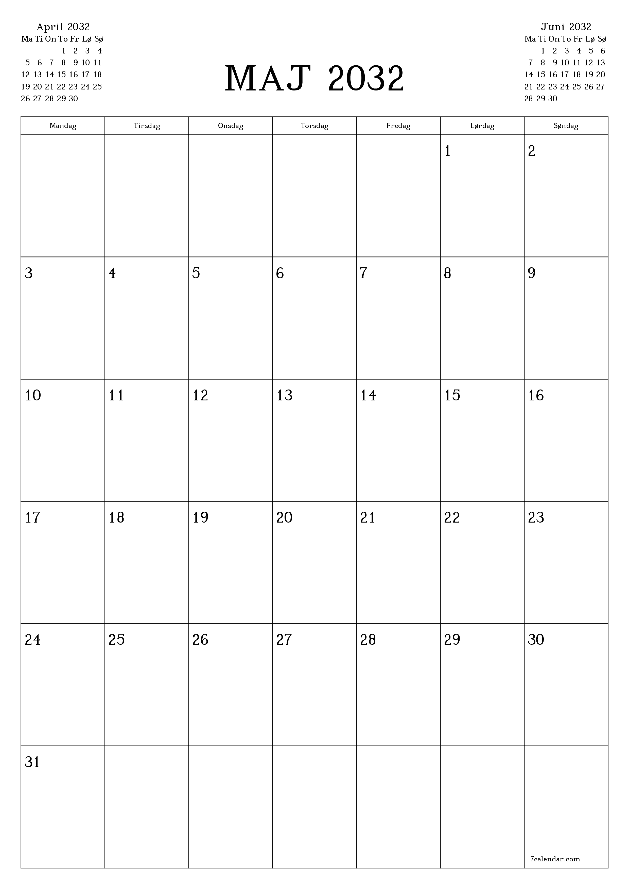 udskrivbar væg skabelon gratis lodret Månedlig planlægger kalender Maj (Maj) 2032