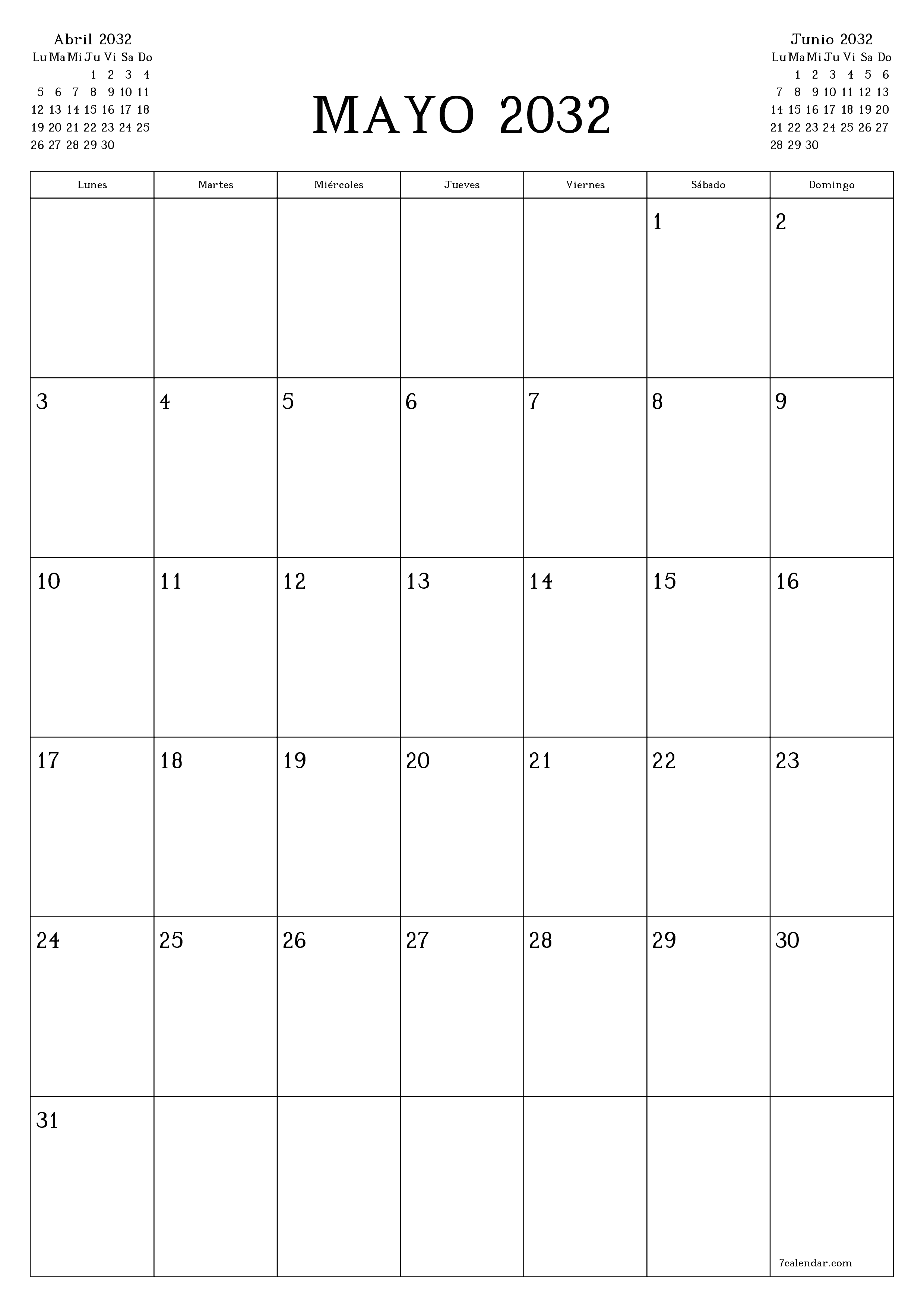  imprimible de pared plantilla de gratisvertical Mensual planificador calendario Mayo (May) 2032