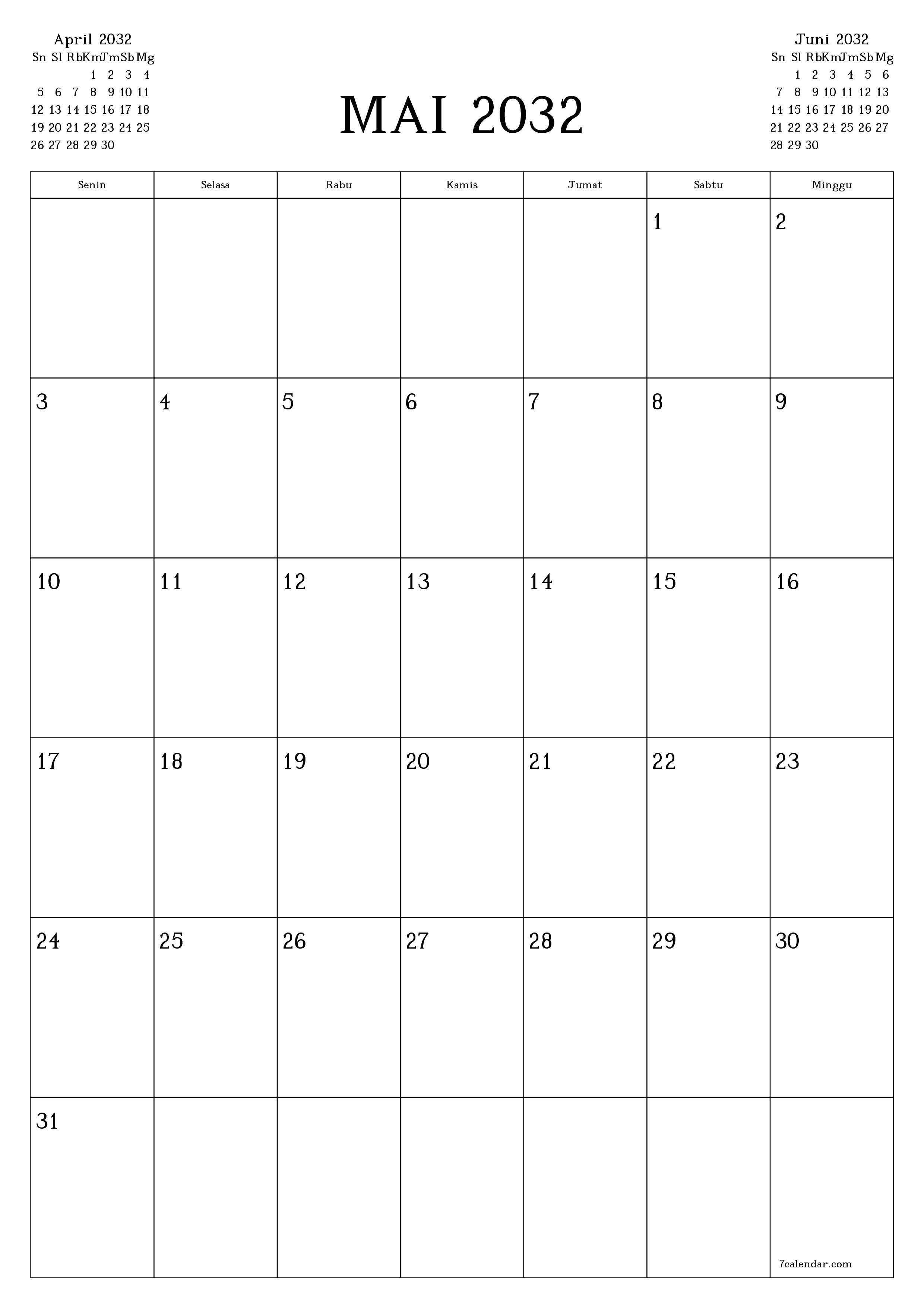  yang dapat dicetak dinding templat gratisvertikal Bulanan perencana kalender Mai (Mai) 2032