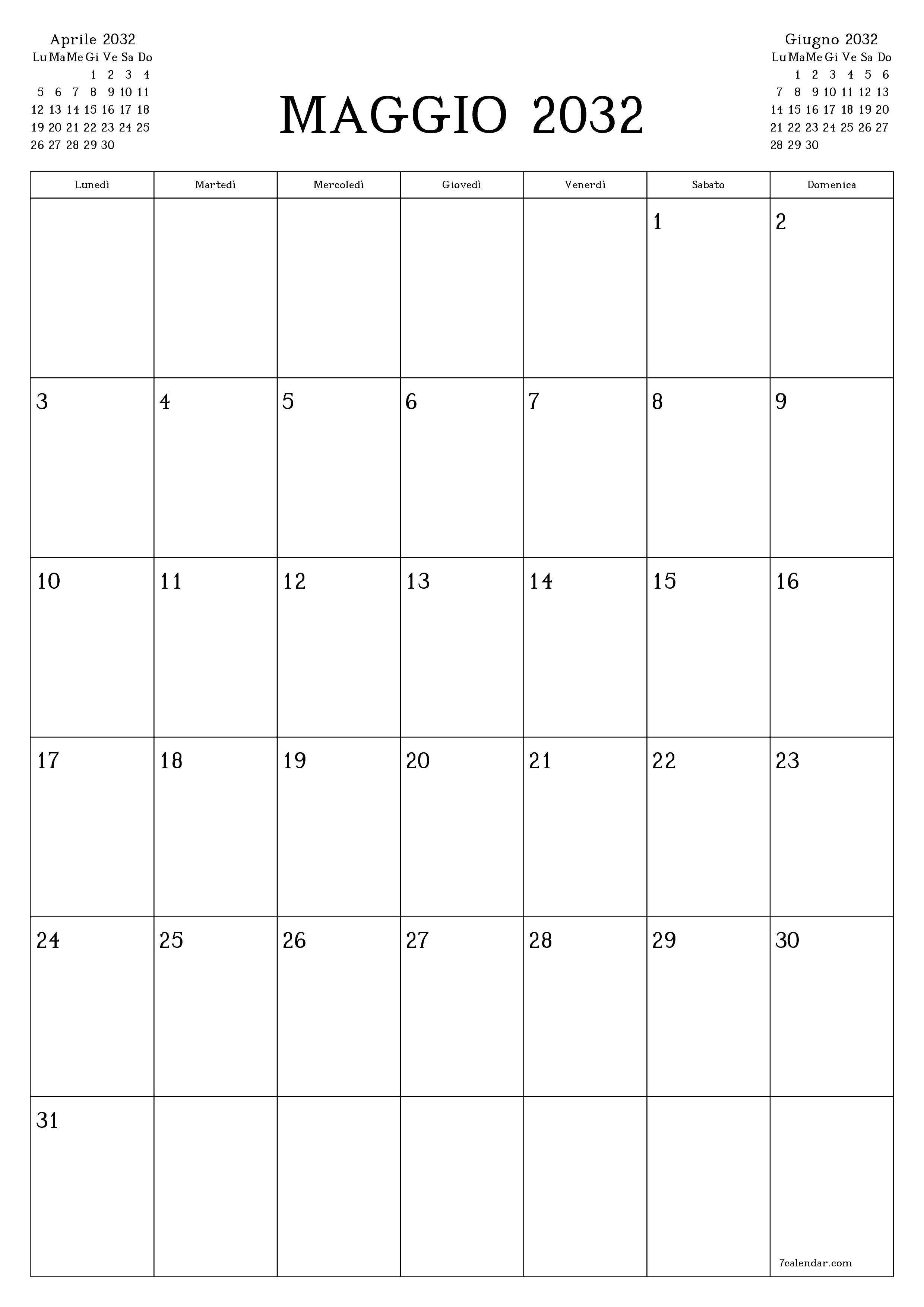  stampabile da parete modello di gratuitoverticale Mensile pianificatore calendario Maggio (Mag) 2032