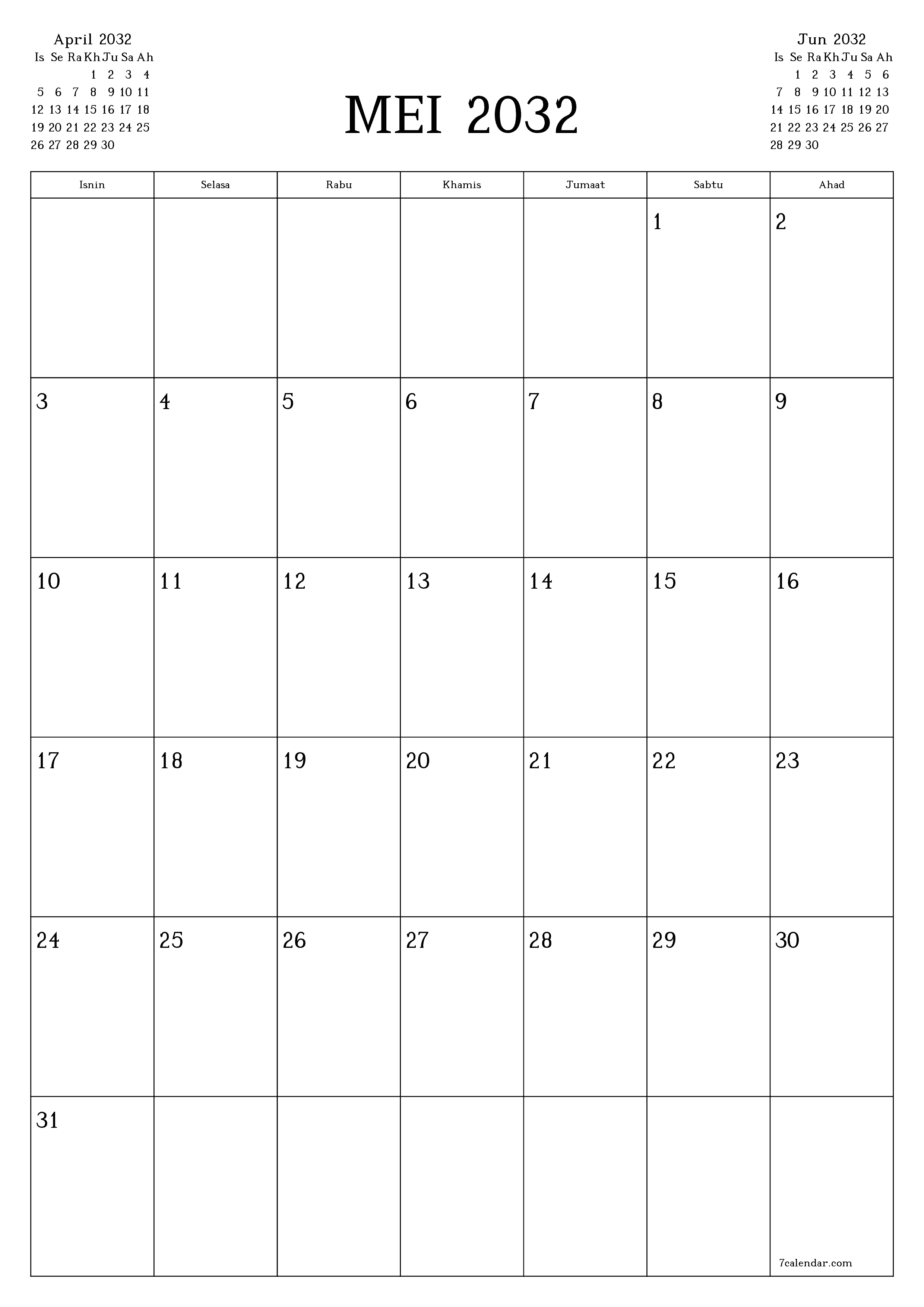  boleh cetak dinding templat percumamenegak Bulanan perancang kalendar Mei (Mei) 2032