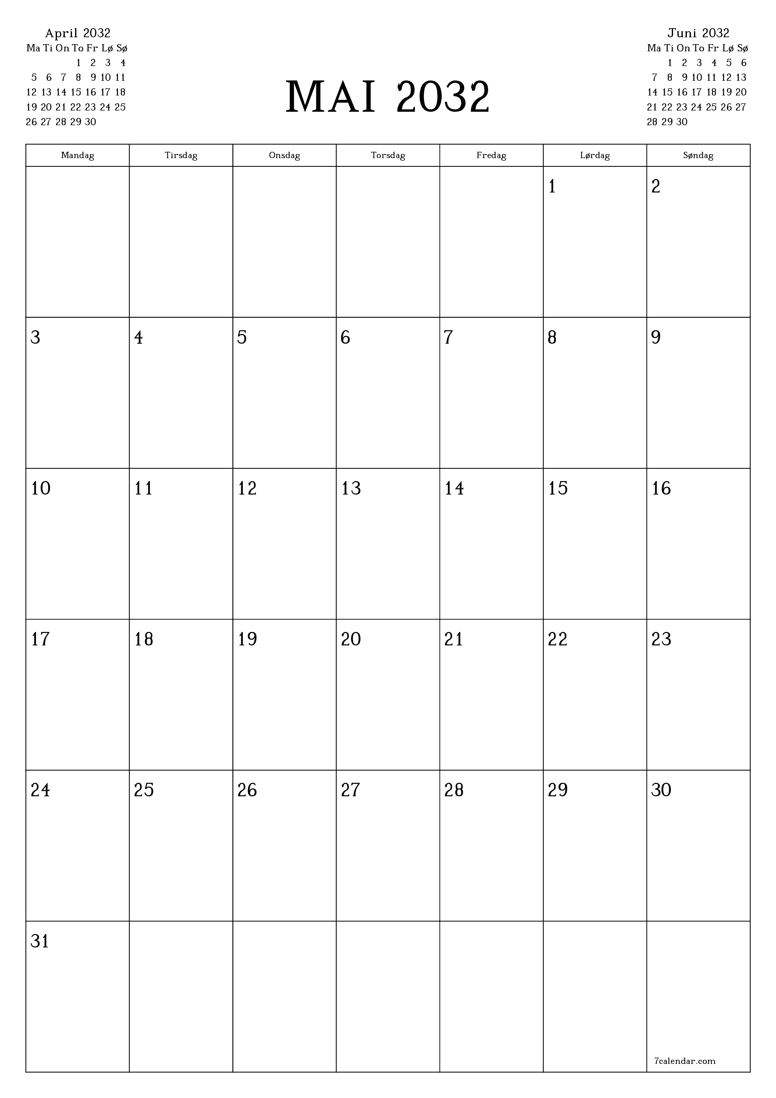 utskrivbar vegg mal gratis vertikal Månedlig planlegger kalender Mai (Mai) 2032