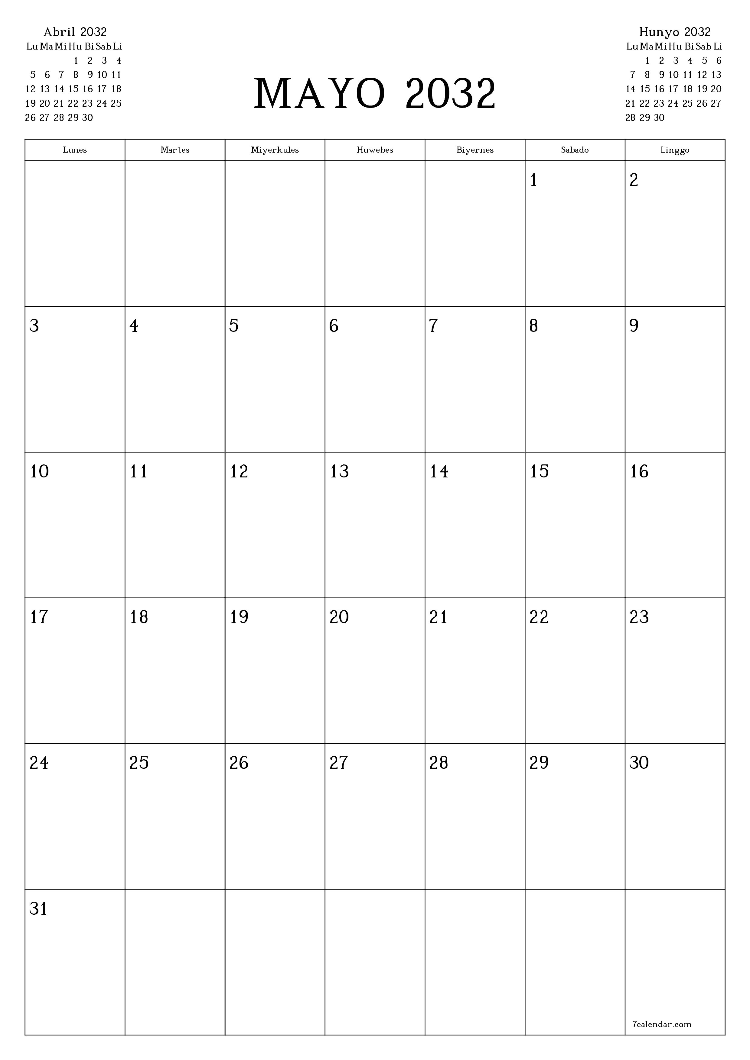 napi-print na sa dingding template ng libreng patayo Buwanang tagaplano kalendaryo Mayo (May) 2032
