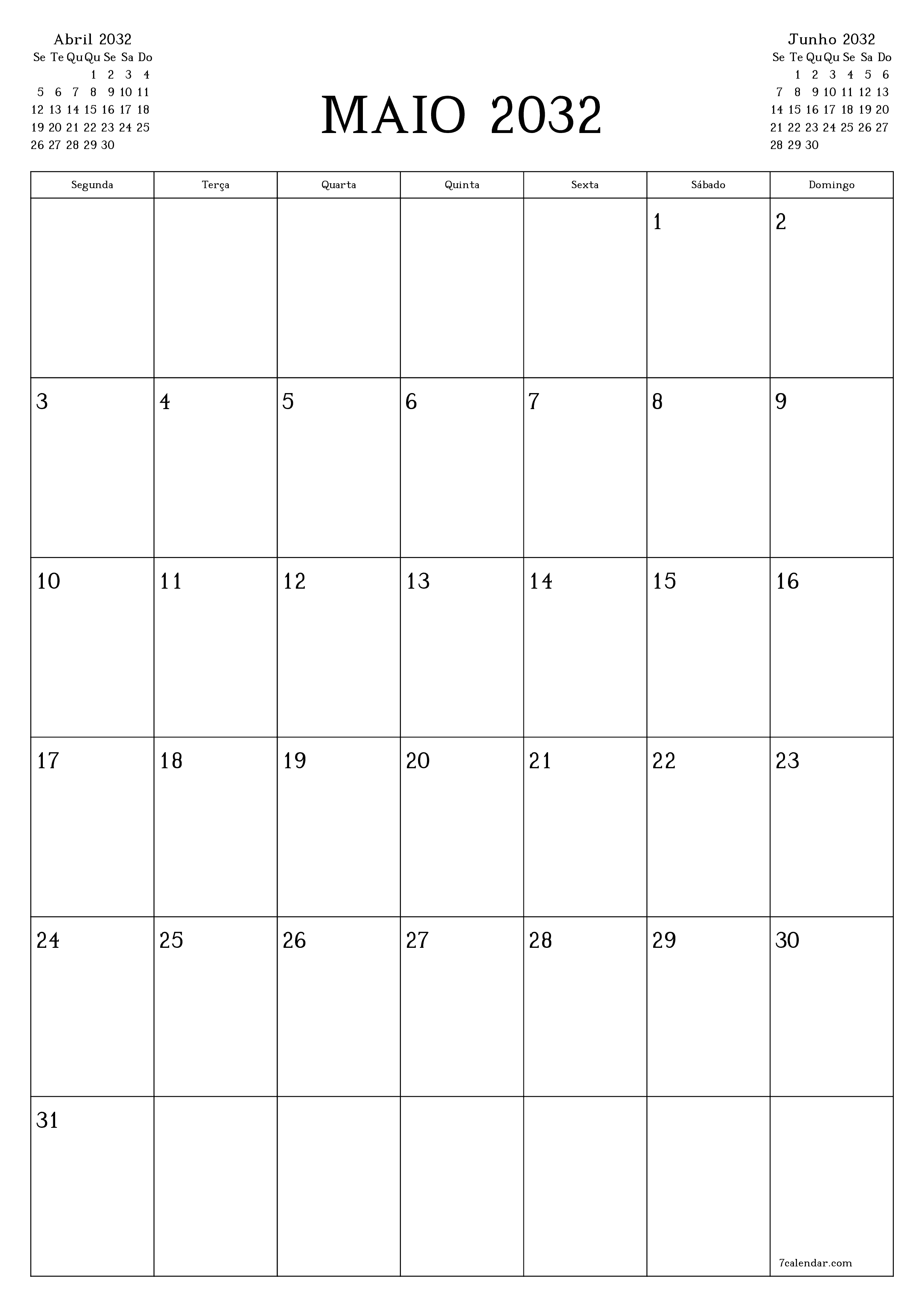  para impressão de parede modelo de grátisvertical Mensal planejador calendário Maio (Mai) 2032