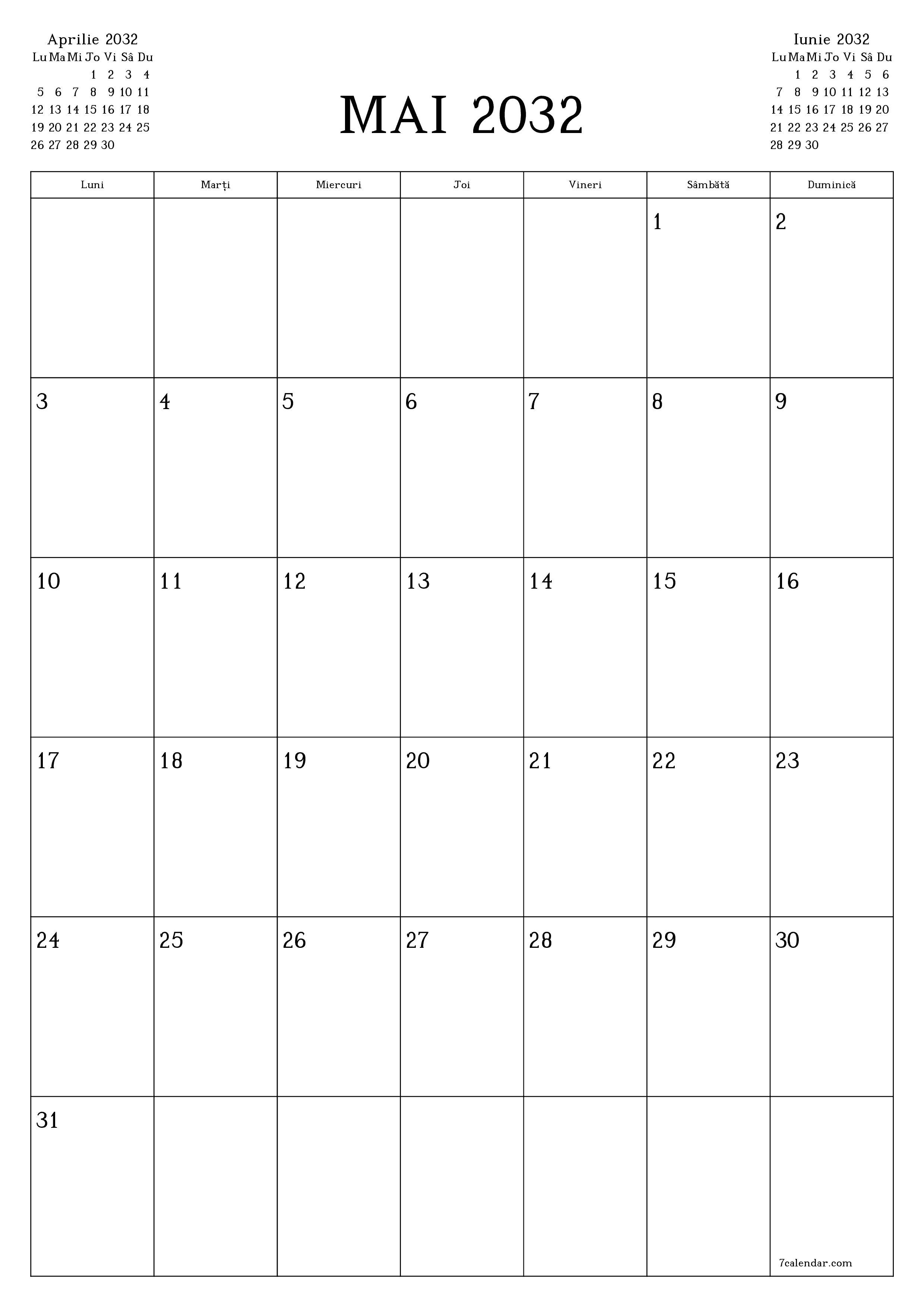  imprimabil de perete șablon de gratuitvertical Lunar planificator calendar Mai (Mai) 2032