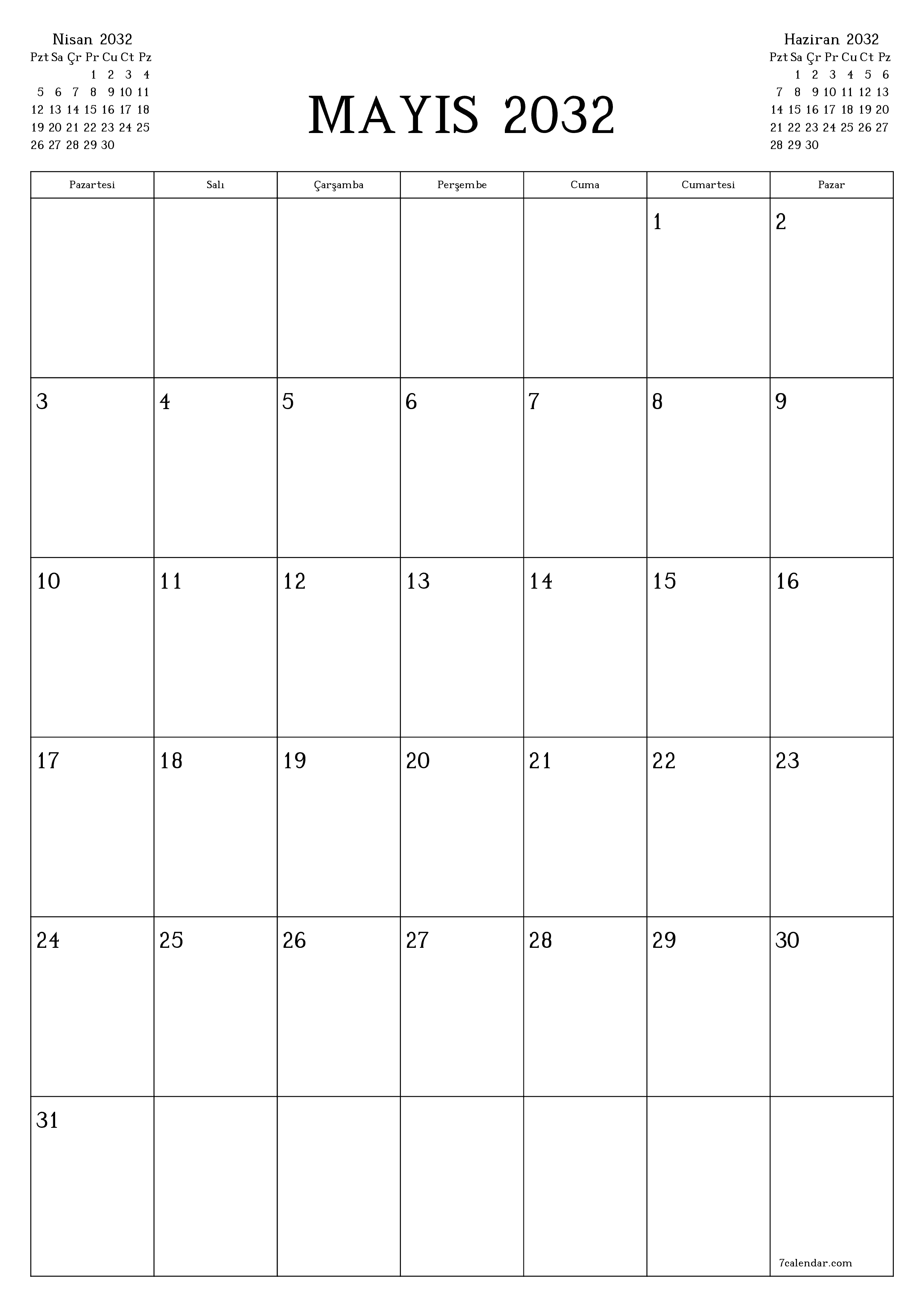 yazdırılabilir duvar i şablonu ücretsiz dikey Aylık planlayıcı takvim Mayıs (May) 2032