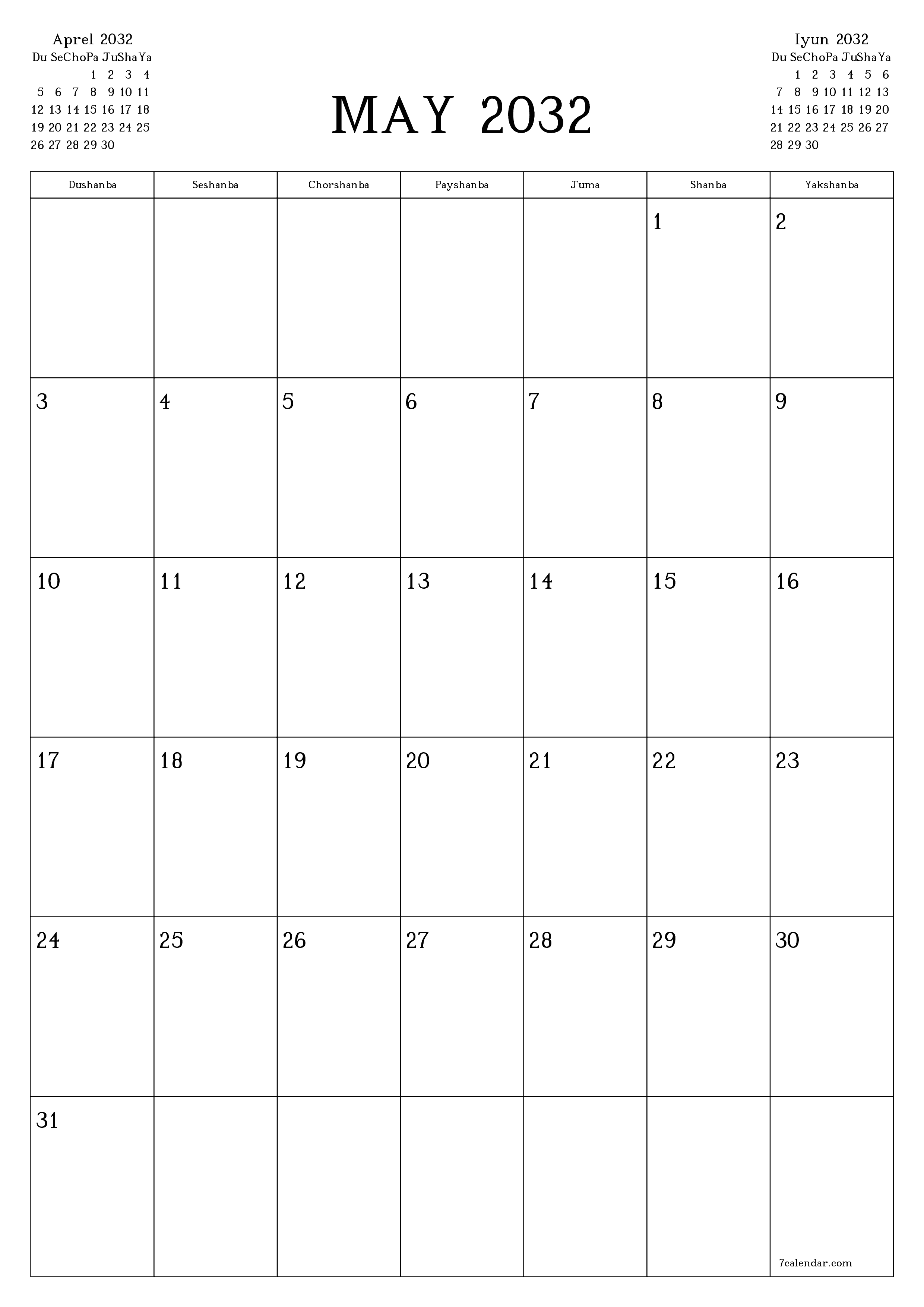 chop etiladigan devor taqvimi shabloni bepul vertikal Oylik rejalashtiruvchi kalendar May (May) 2032