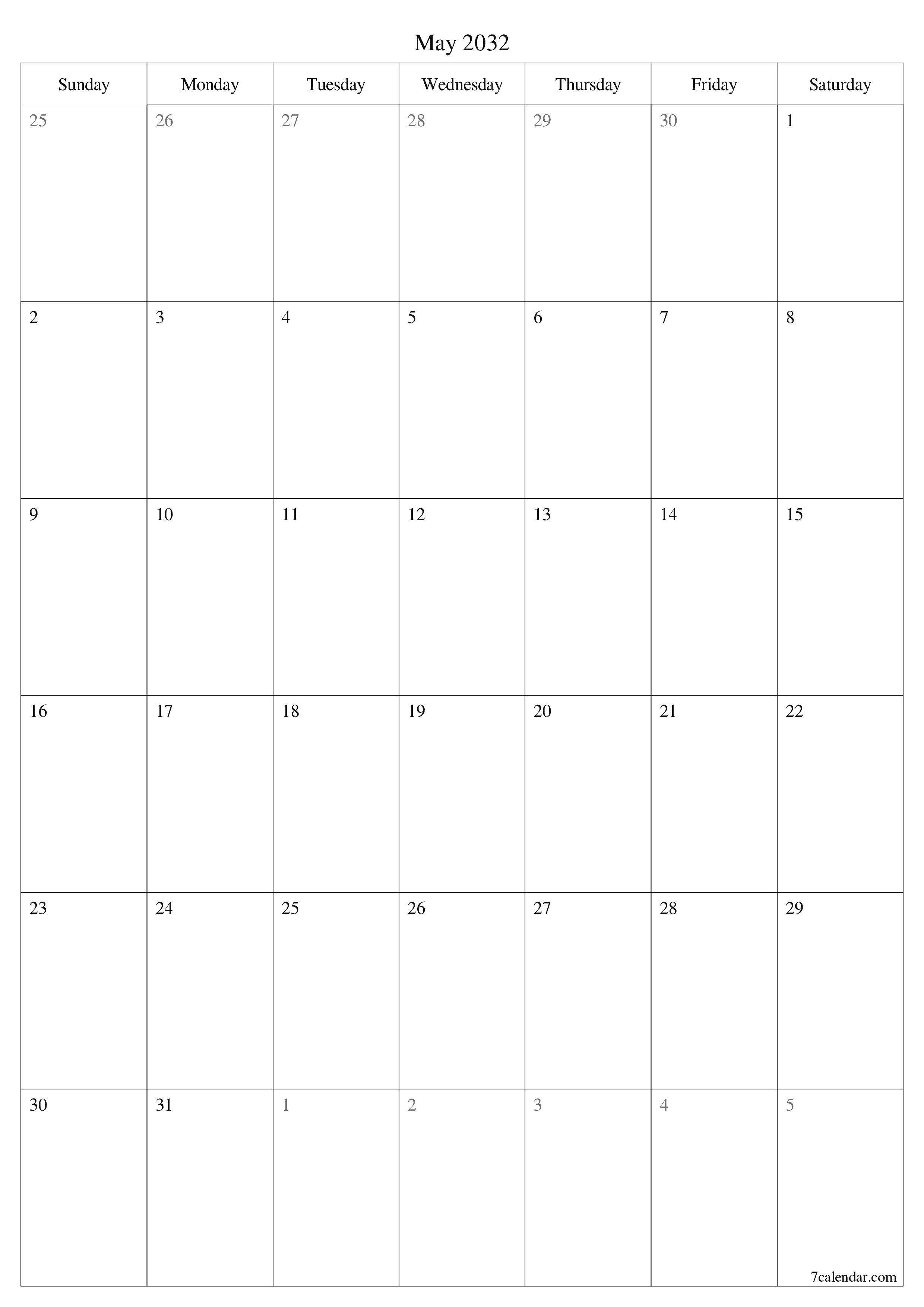 Blank calendar May 2032