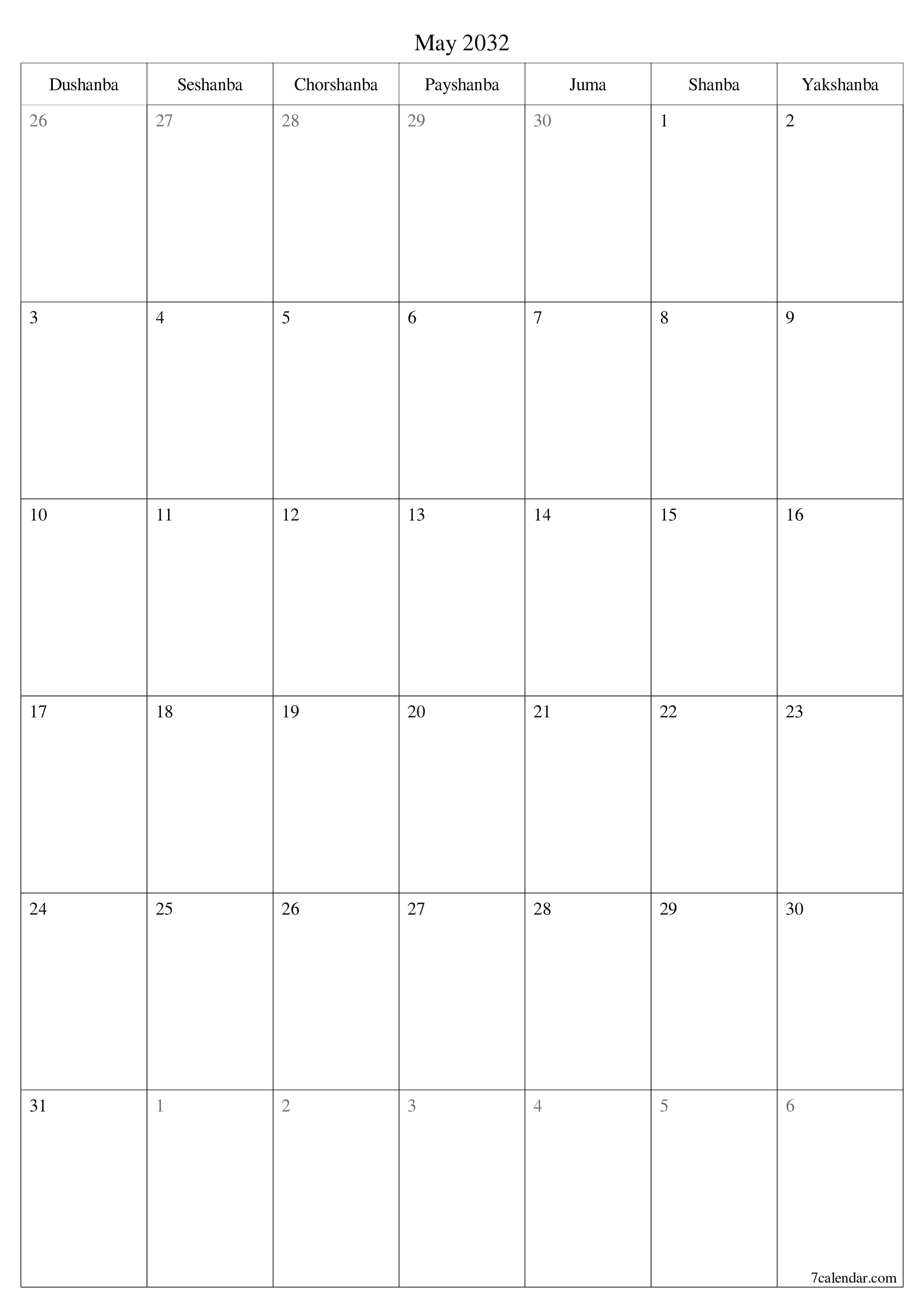 chop etiladigan devor taqvimi shabloni bepul vertikal Oylik rejalashtiruvchi kalendar May (May) 2032
