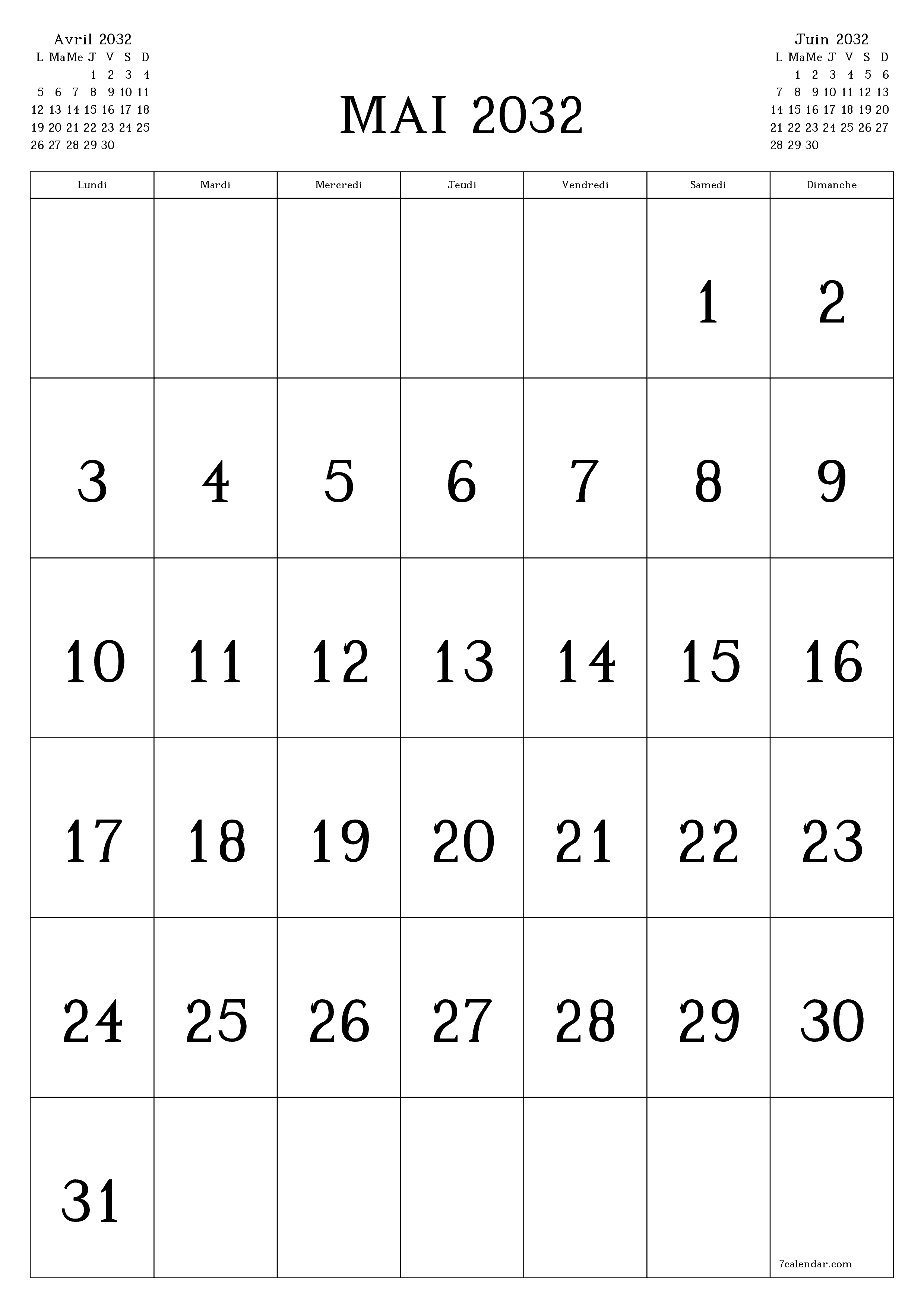  imprimable mural modèle de gratuitverticale Mensuel calendrier Mai (Mai) 2032