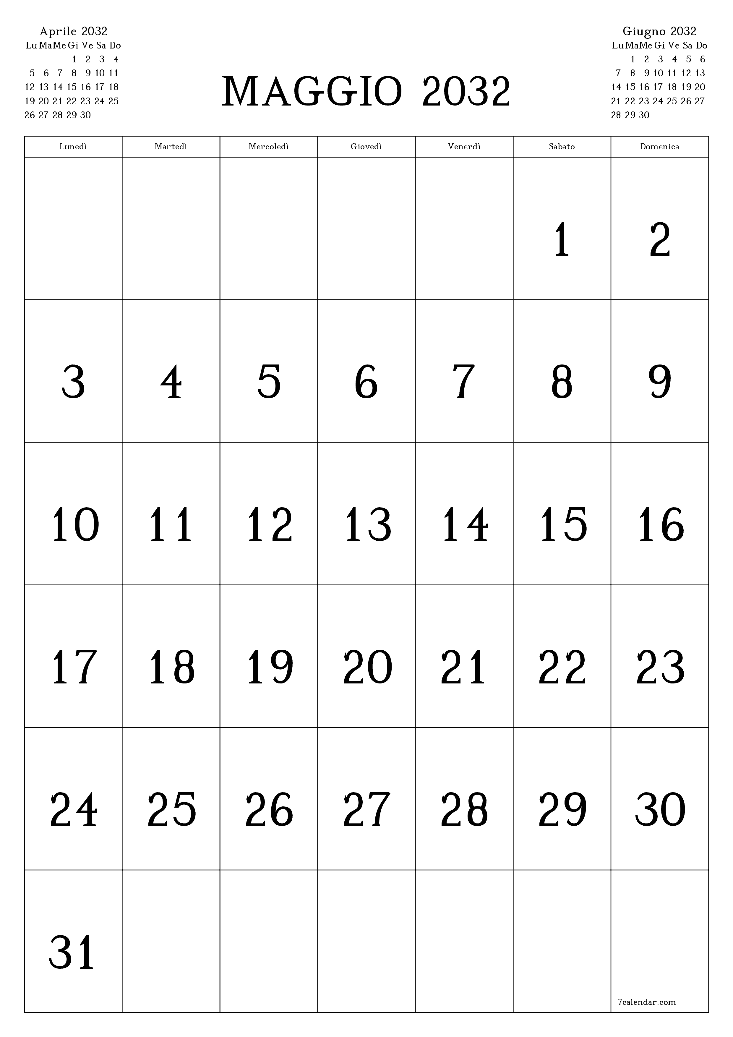  stampabile da parete modello di gratuitoverticale Mensile calendario Maggio (Mag) 2032