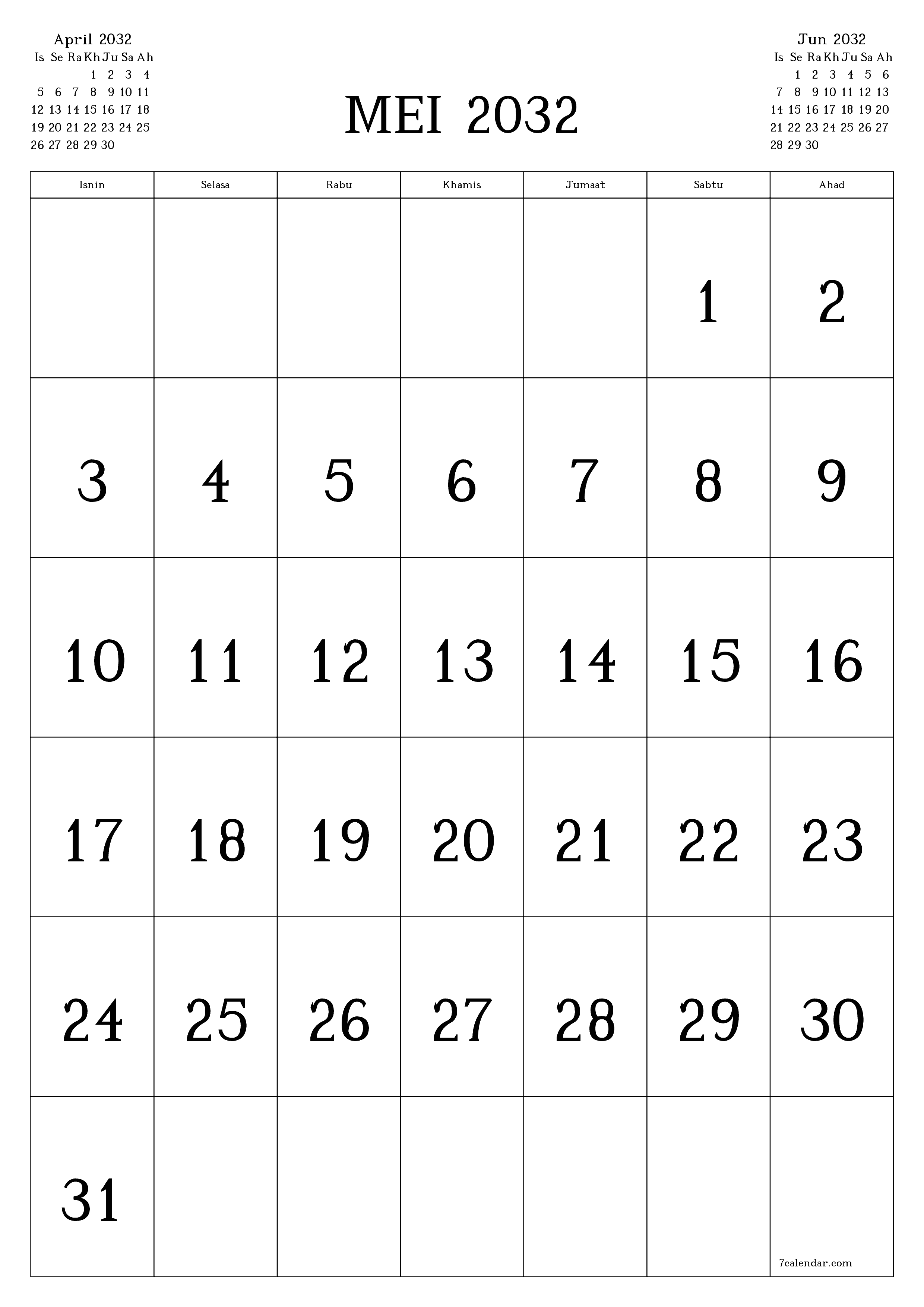  boleh cetak dinding templat percumamenegak Bulanan kalendar Mei (Mei) 2032