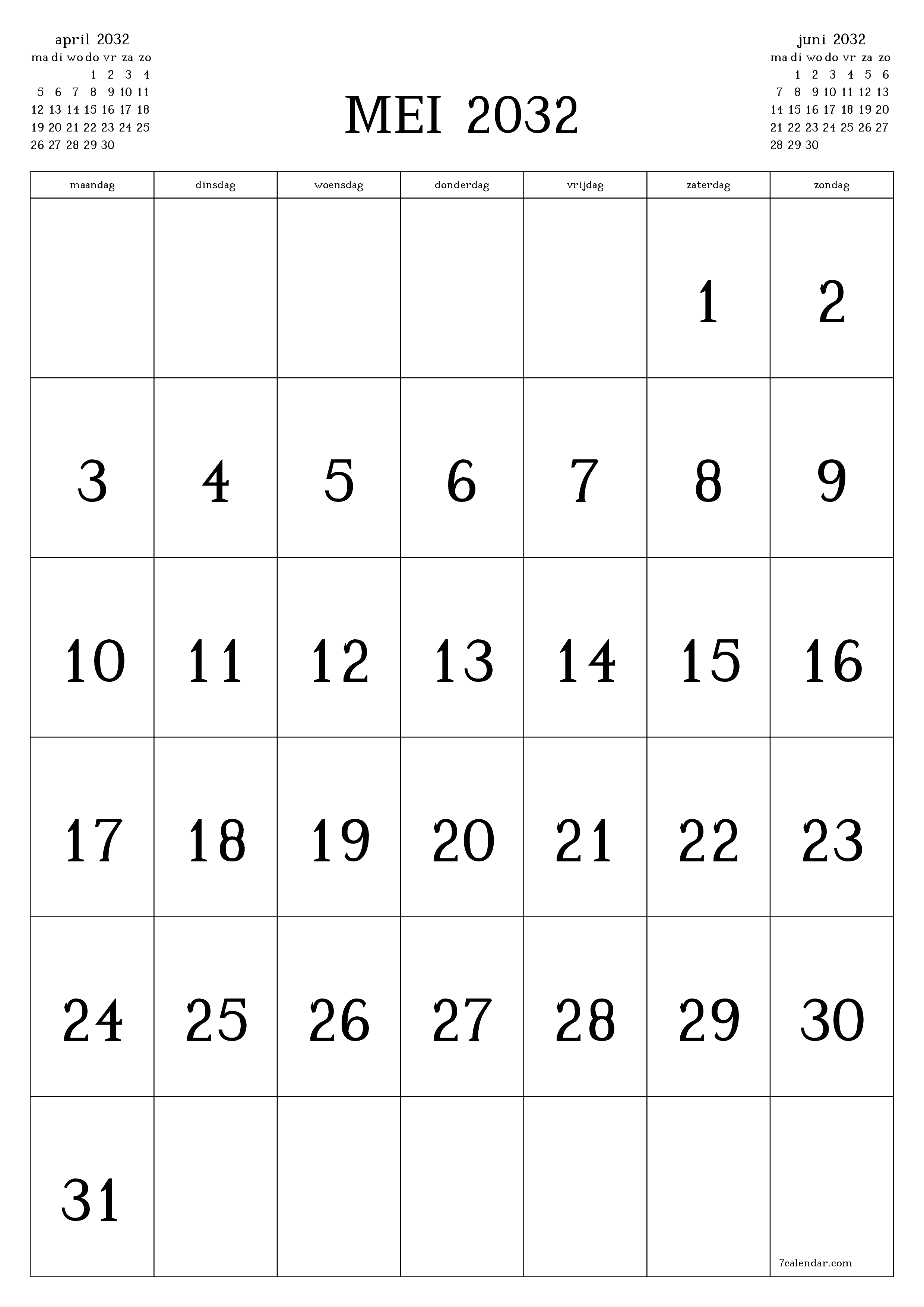 afdrukbare muur sjabloon gratis verticaal Maandelijks kalender mei (mei) 2032