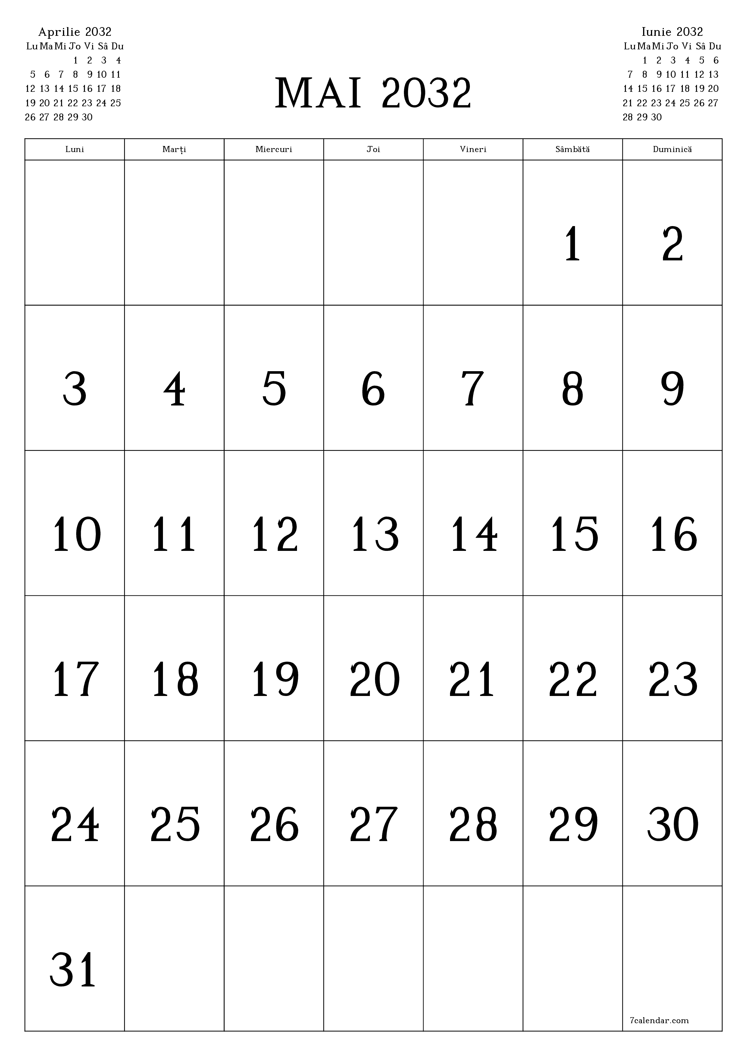  imprimabil de perete șablon de gratuitvertical Lunar calendar Mai (Mai) 2032