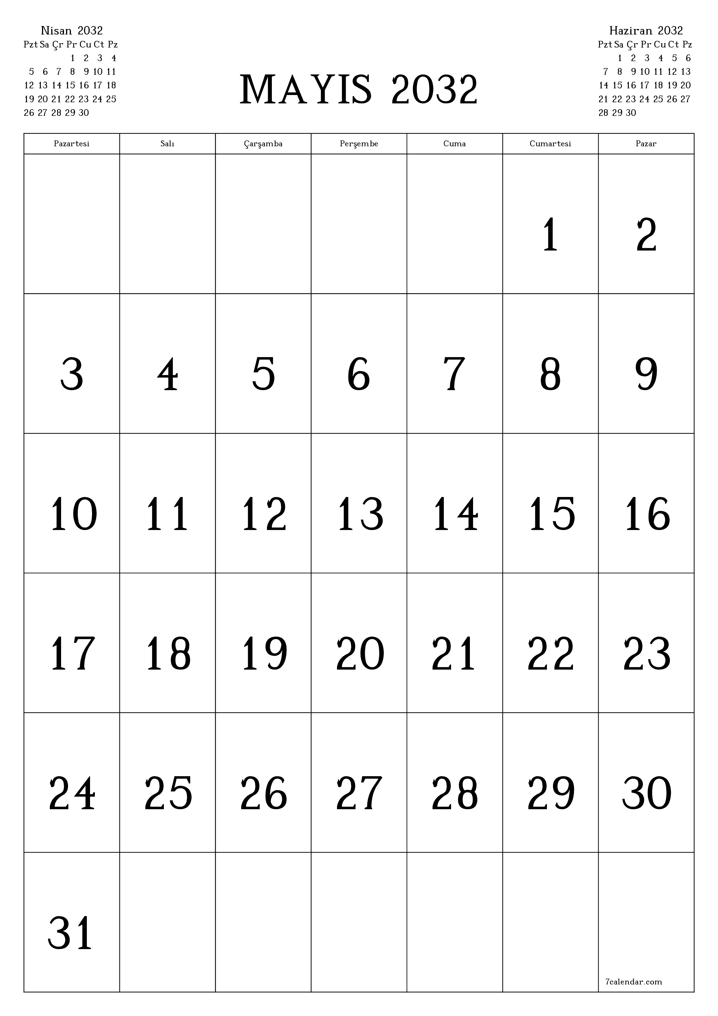 yazdırılabilir duvar i şablonu ücretsiz dikey Aylık takvim Mayıs (May) 2032